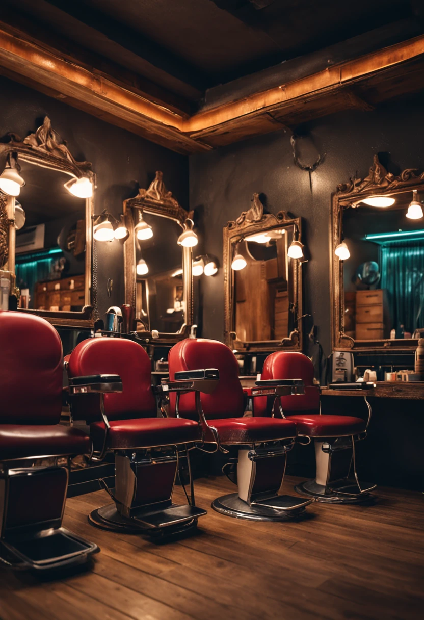A group of friends having fun in a barbershop, sitting on wooden waiting chairs, talking.