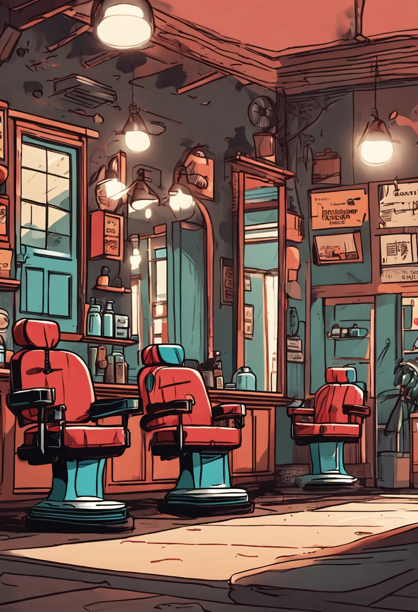 A group of friends having fun in a barbershop, sitting on wooden waiting chairs, talking.