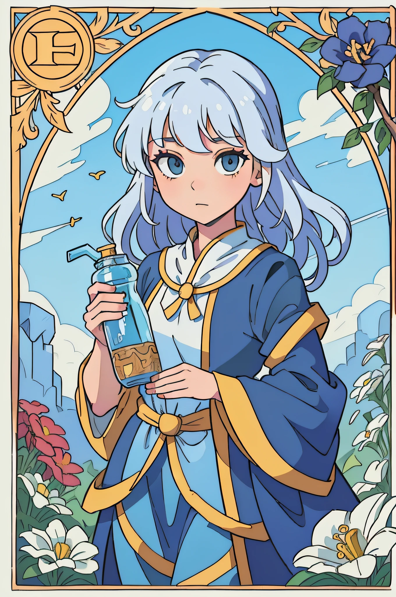 tarot cards,Full tarot border,(best images quality),(The image is surrounded by a tarot card-style border:1.5),(8k wallpaper),(best images quality),(Extremely detailed description),tarot card art,tarot card art, tarot design, beuaty girl,The most beautiful girl in the world,gardener,,blue-sky,Bokeh background,gardening(Hold a sprinkler jug;2),quadratic element,(hoang lap,A high resolution,hyper-detailing),Visual storytelling,capturing moments,historical records,social commentary,Powerful images,mosaic art,Small,Colorful inlays,Intricate patterns,Tile design,Durable surface,Time-honored technology,A girl holds a sprinkler jug and is about to water a flower,Flat coating,a warm color palette,long white hair,Beautiful female,idyllic,