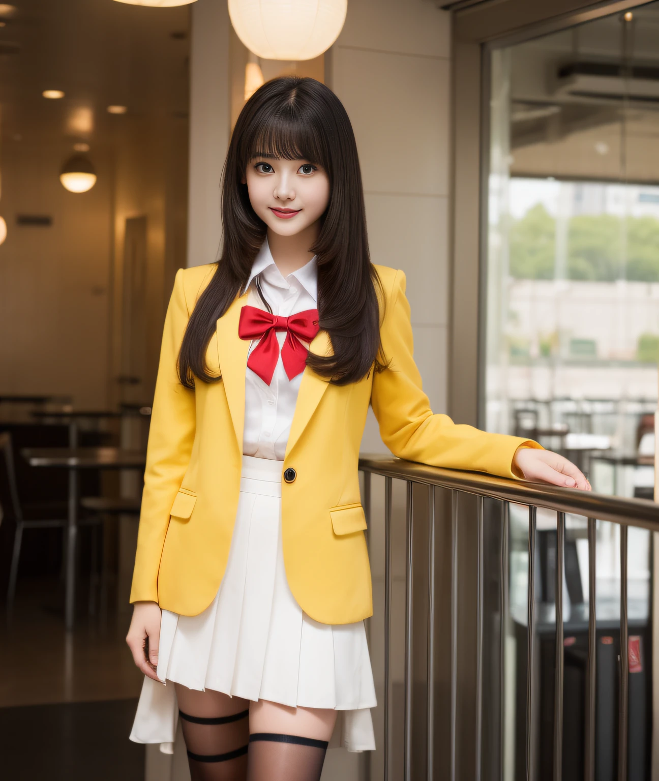 ((Best Quality, 8K, Masterpiece: 1.3)), a beauti, In addition, melon face, Friendly and cute, sweet smile, Pure desire, Slender body, (s whole body), (tilted head), ((looking at camera)), Medium Black Silky Straight Hair, Long flowing shoulders, round black big eyes, clear big eyes, moist red lips, Cafe shop background, ((full body shooting)), (Yellow Blazer, bows, Sneakers, Red Stockings, High School Uniform: 1.2, ), (Big breasts), (full body shots), ((bobbed hair))