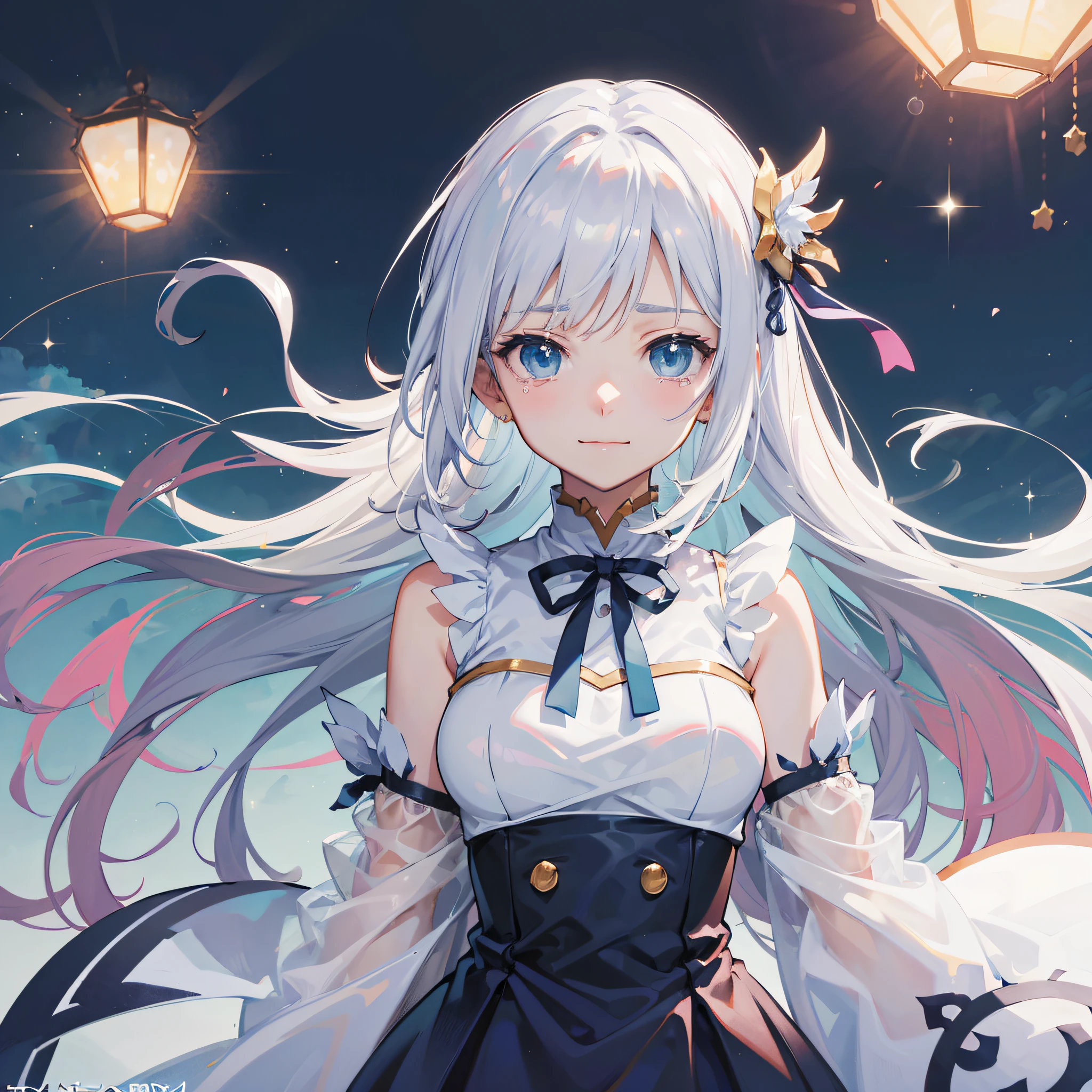 ((best qualtiy,8K,Best Masterpiece))Anime characters with long gray hair and blue eyes,Anime visuals of young women,Today's featured anime stills,God of white hair,offcial art,cute girl anime visuals,Popular Isekai anime,Tsuaii,Marisa Kirisami,anime film,still from tv anime,isekai,hestia,Albedo of anime overlord transparency Small blue ribbon in hair,Sapphire eyes,ssmile,Happy tears