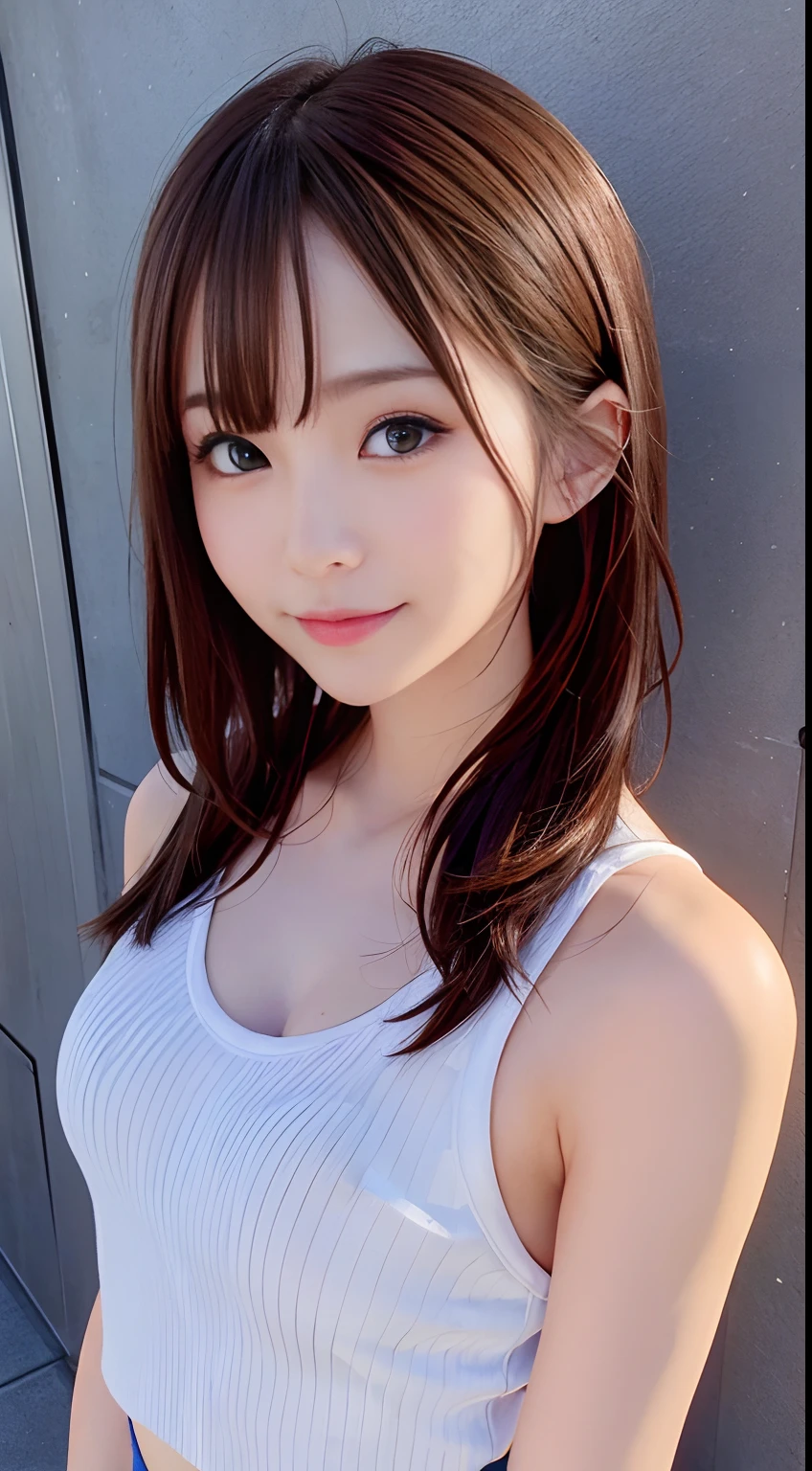 (Raw photography:1.2)、top-quality、Detailed beauty、Beautiful Korean Woman、The most beautiful women in the world、Beautiful sharp face、面長、21years old、A smile、Happy smile、light brown hair、fluffy and voluminous hair、extra detailed face、beatiful detailed eyes、eye line、Nasal nose、a small face、small tits、tiny chest、Natural sunlight、depth of fields、Blurry background、hight resolution、8k wallpaper、finely detail、Very detailed 8k wallpaper、电影灯光、sexy pose、(photorealisim:1.4)、super detailing、masterpiece、croptop、Small T-shirt、hotpants、shot from a side angle、Road by the sea、lean against the wall、