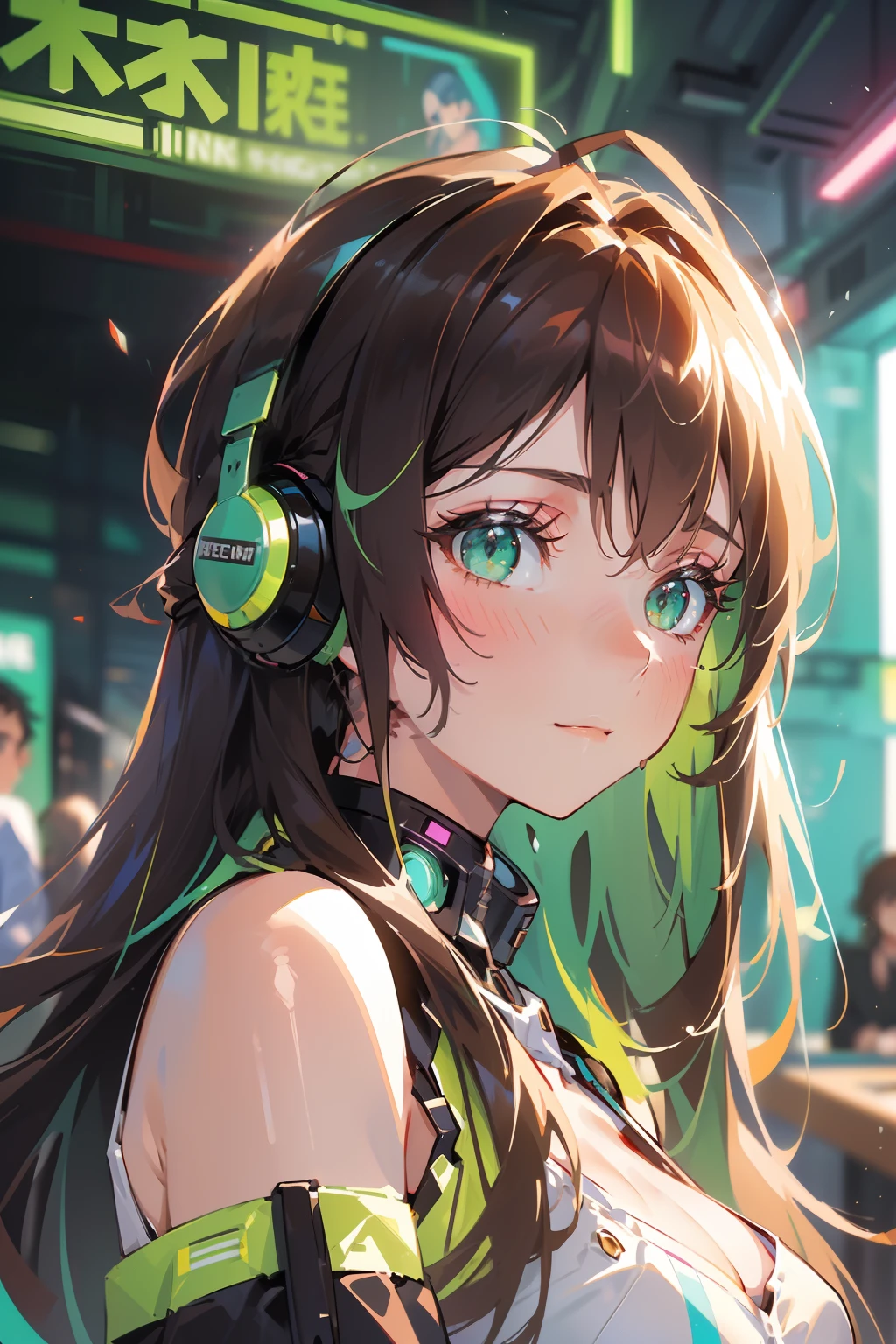 (masterpiece), (best quality), ultra high res, sharp focus, ((1 woman, solo)), upper body, cyberpunk theme, beautiful detailed hair, chestnut brown hair, long hair tumbles down, headphones, beautiful detailed face, ((beautiful shape eyes, green eyes)), perfect feminine face, look at the viewer, feminine cyberpunk outfit, in the neon vibrant colors restaurant, (in the afternoon time:1.2)