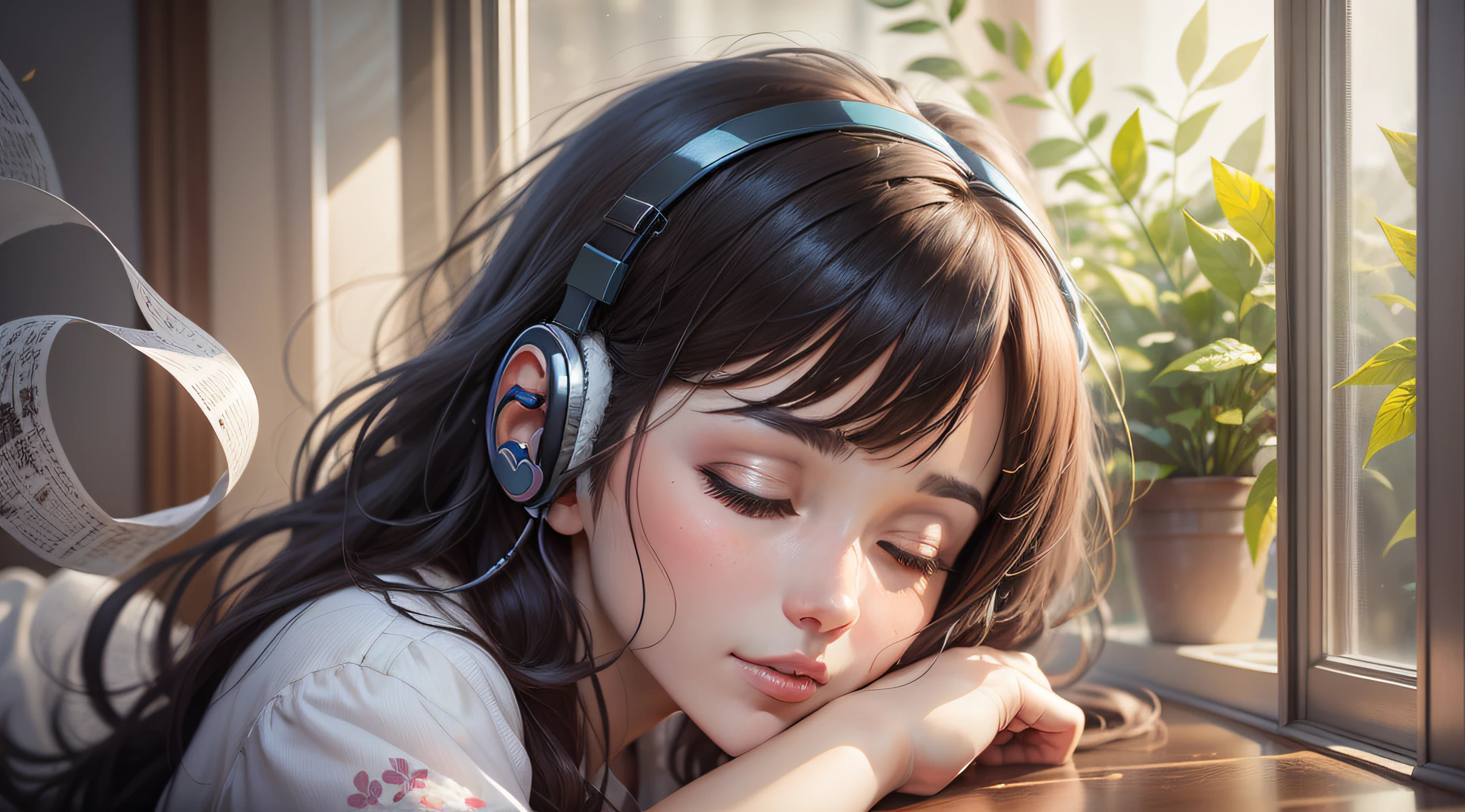 Woman with peace sense headset,closing her eyes,beauitful face,RGB colors,Anime brunette hair,Youku video banner,happy girls,Portrait of Loepfe in the window, beautiful digital art, portrait of morning coffee, Realistic drawing of cute girl, near a window, Beautiful digital illustration, morning coffee, Girl on windowsill, Morning humor, morning hour, Beautiful artwork, Paper awesome wallpaper, near a window,。tmasterpiece,best qualtiy,(超高分辨率,realisticlying,realisticlying,best qualtiy,realisticlying。Background nature,Detailed digital anime art, rendered in sfm, 3d anime girl。