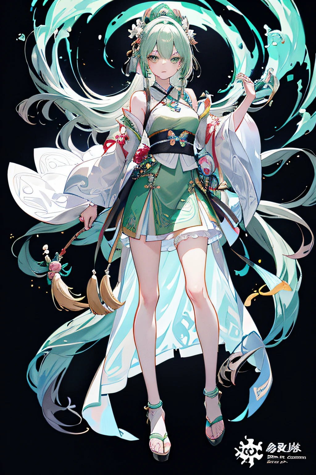 clear outfit design,, clothing design, Anime character design, full body concept, detailed full-body concept, anime concept art, ( ( concept art of character ) ), anime character reference sheet, full-body xianxia, A glorious orchid hairpin with a bud on its head，The upper body is dressed in a dark gray-green bamboo embroidered Hanfu, and the outer is covered with translucent yarn，She wears a gray-green horse face skirt underneath，Wearing a ring-shaped jade pendant around his neck
