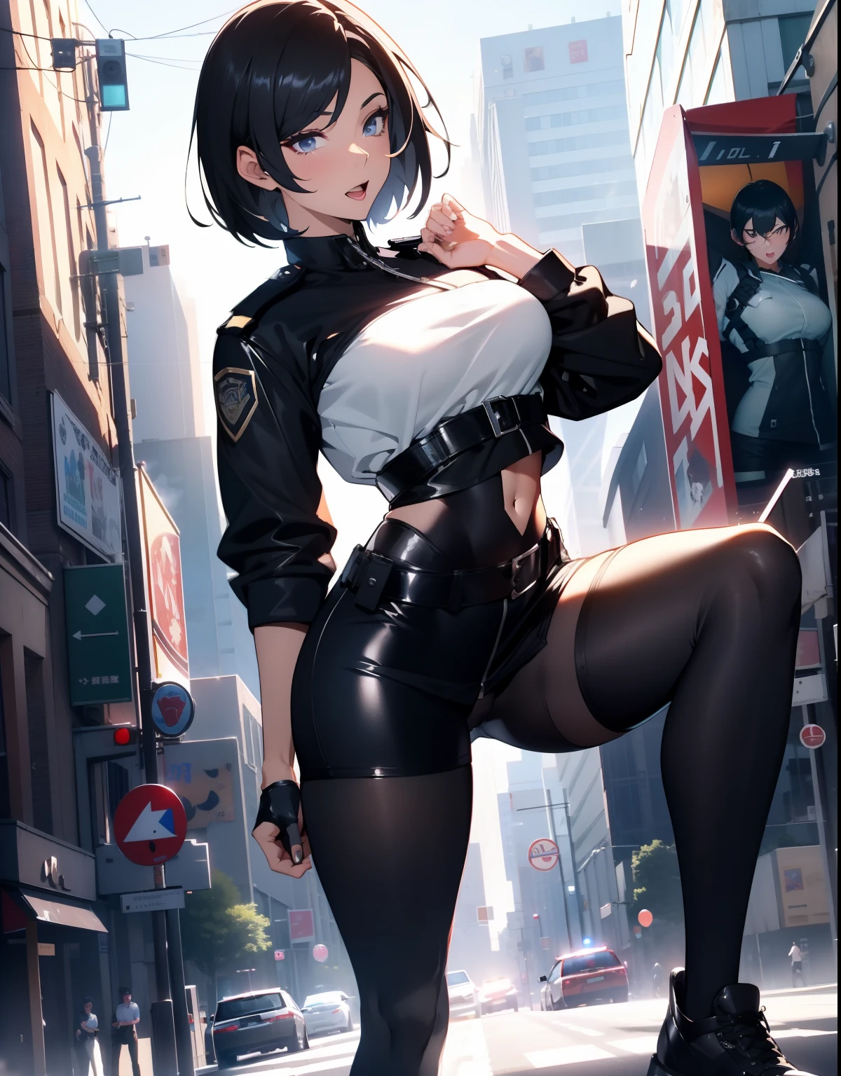 Policewoman，A beautiful full body girl，with fair skin，with short black hair，26 year old，Perfect body with muscularity，short  skirt，Black slim-fit leggings，Super sexy scene，facial closeups，A shy look，open open mouth，seductiv