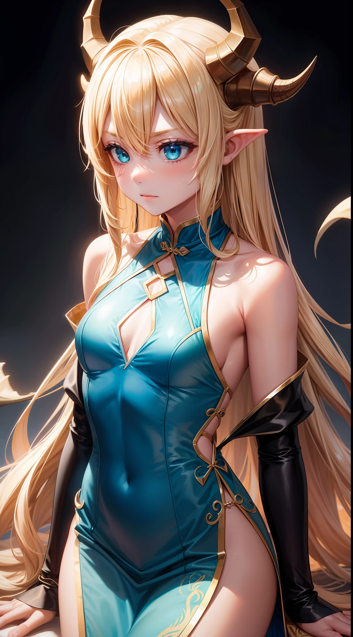 young girl, longue blonde hair, dragon horns, Cyan eyes, tight blue chinese dress, neckline on the chest, grudge, little chest, Masterpiece, hiquality