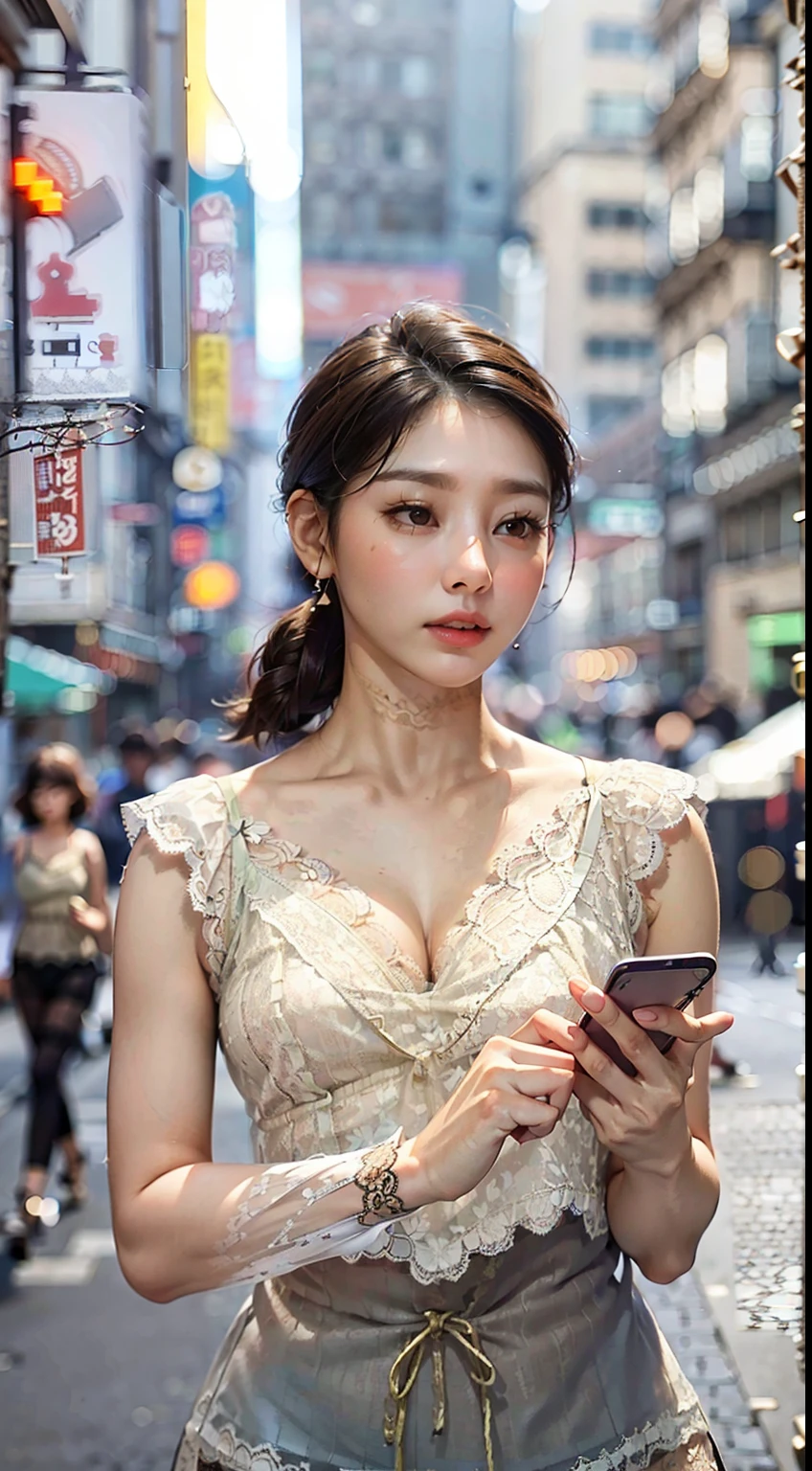 upper photo of a beautiful Korean woman, fiddling with cell phone in the middle of the street, [see-through](short lace cami:1.8), natural breast, medium breasts, (narrow waist, perfect body curve), earring, sharp focus, (tall body, adult woman), ((looking at away)), (high detailed skin, skin pores:1.4)