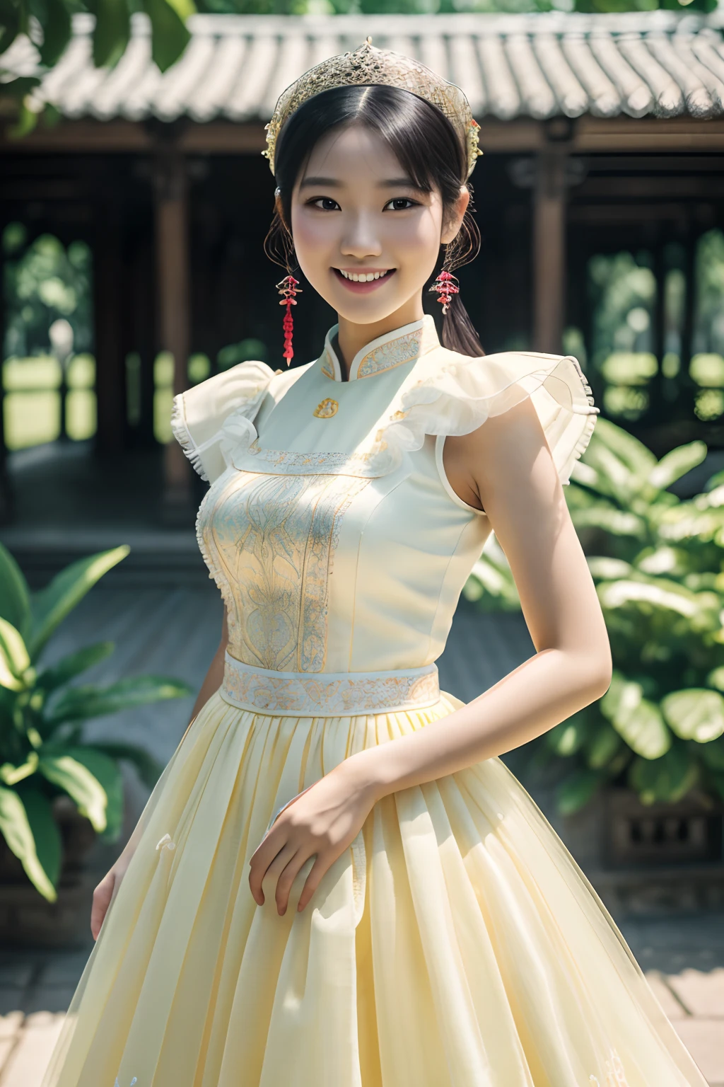 Best quality,masterpiece,ultra high res,(photorealistic:1.4),1 girl, solo,hime cut,light smile, vietnamese dress, outdoor,beauty,pettiskirt, ultra realistic,32k,RAW photo,(high detailed skin:1.2), 8k uhd, dslr, soft lighting, high quality, film grain --auto