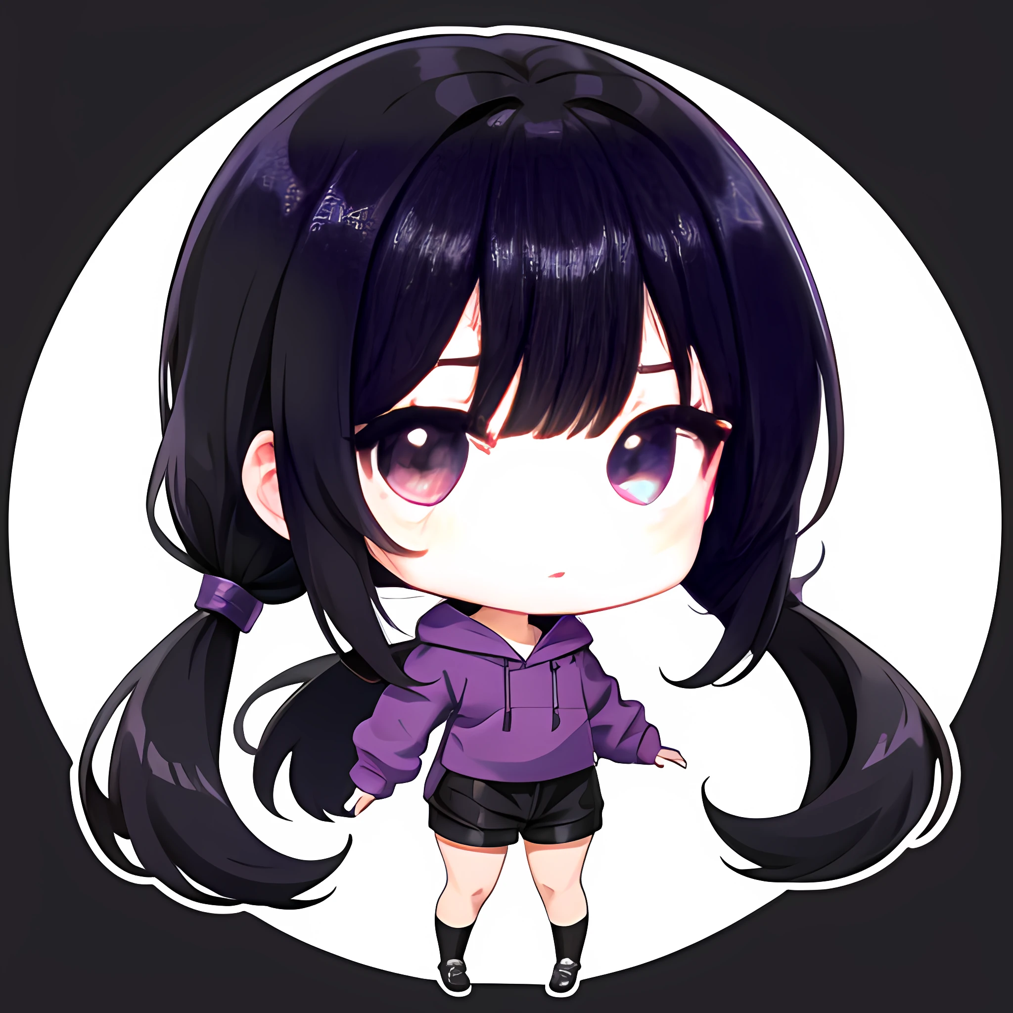 Purple Hoodie、Blunt bangs、One knot、poneyTail、Purple Hoodie、A dark-haired、Purple Parker、Lori、One Woman, 独奏, (twitch emote:1), Chibi,  Black eyes, , comic strip, white backgrounid, a sticker, Thick black outline,、poneyTail、Long Black Hair、Smooth Straight、Shoulder-length clothing、Straight hair、elementary student、full body Esbian、Black eye、Gal clothes、Black shorts、shoulder length hair、Mini、Chibi Chara、Purple Socks、Chibi Chara