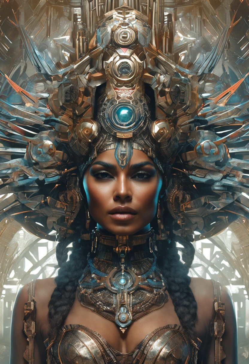 futuristic indigenous futurism,actress priyanka chopra as An advanced cybernetic cyborg indian Hindu goddesses of war, sensuality,artistic details,cyberpunk hindu mythology,epic sci-fi fantasy, centered,in the style of Nick Alm fantastical futuristic fantasy compositions, dark prism, dark, metallic compositions, symmetrical arrangements, iridescent metallic colors , distinctive noses, ethereal,blood splatter colorful, eye-catching metallic compositions, symmetrical geometry, distinctive noses, gothic references, with a bold lines and streaks of black,white,red, gold and silver, fantasy sci-fi art, a detailed painting, ,Alex Alemany merge Karol Bak