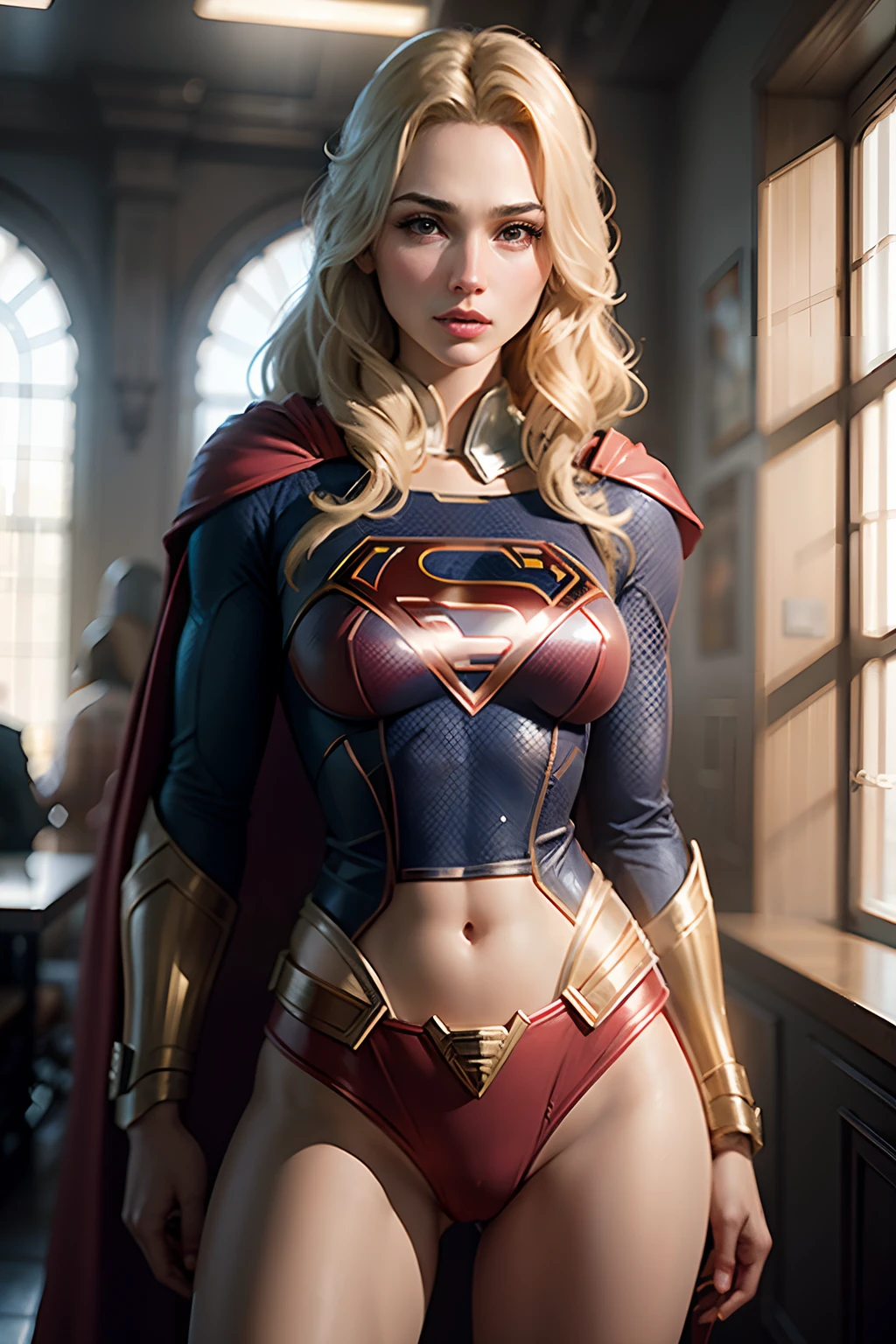 Gal Gadot, long blonde hair, 18 years old, large breasts, wearing (Supergirl Suit), highly detailed, Artstation, smooth, sharp focus, 8K, (underboob)