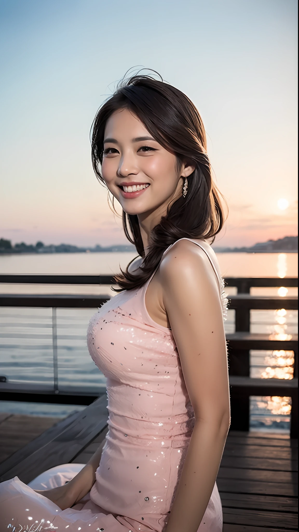 (8k, top quality, masterpiece: 1.2), (realistic, photorealistic: 1.37), super detailed, girl single, cute, solo, midnight, beautiful detailed sky, detailed café, sitting, date, (blush), (smile: 1.15), small breasts (mouth closed), beautiful fine eyes, floating hair NovaFrogStyle, back open dress