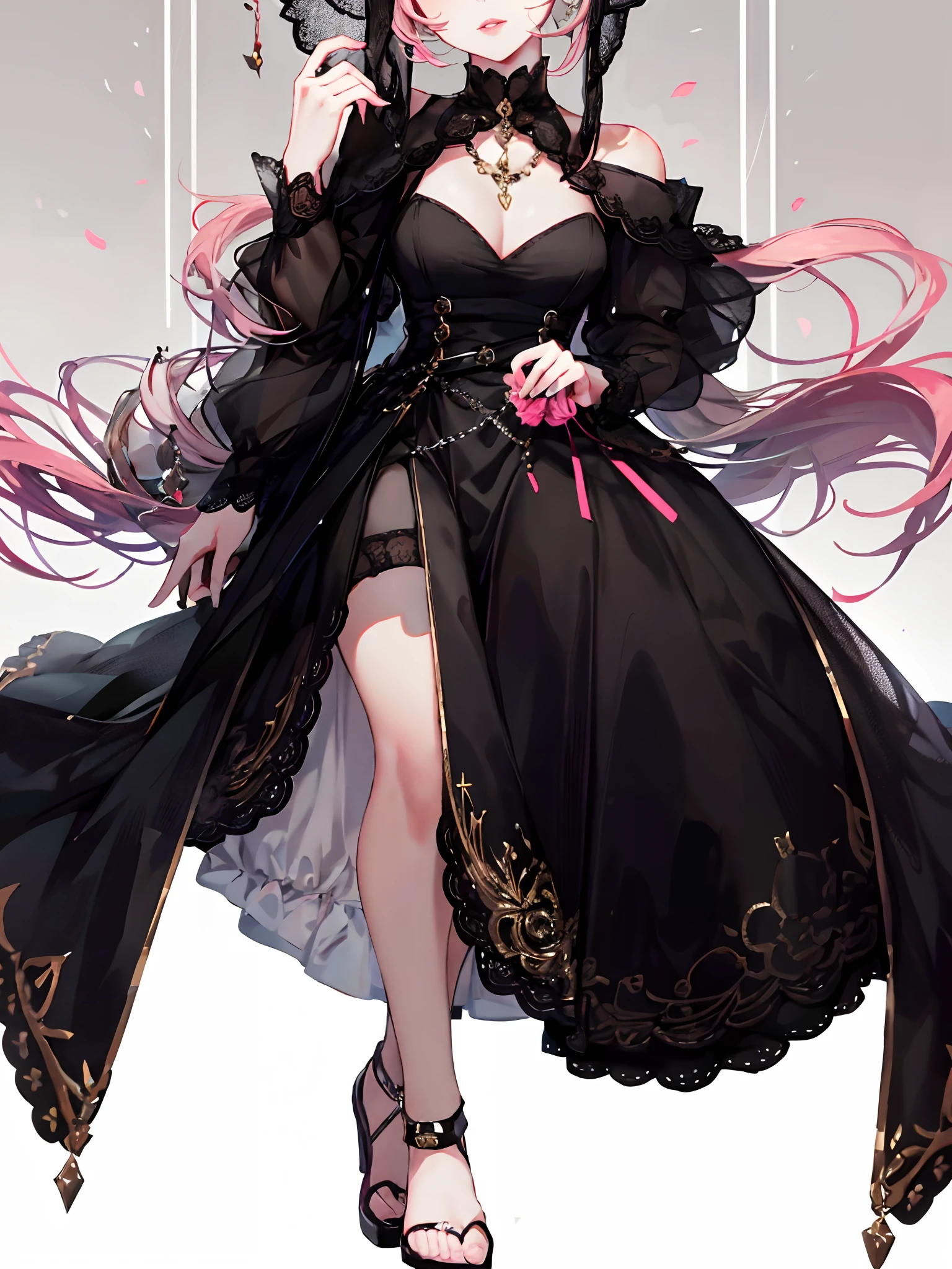 (complete face:2.0),meticulous portrayal of face,1 noblewoman,a matural female,Black dress long dress,(Black stockings beautiful legs+),heeled sandals,Black stocking feet,Pink White Long Hair,Prom background, Perfect body, s the perfect face, perfect hand, Perfect Finger, Perfect lips, perfect eyes, Perfect background
