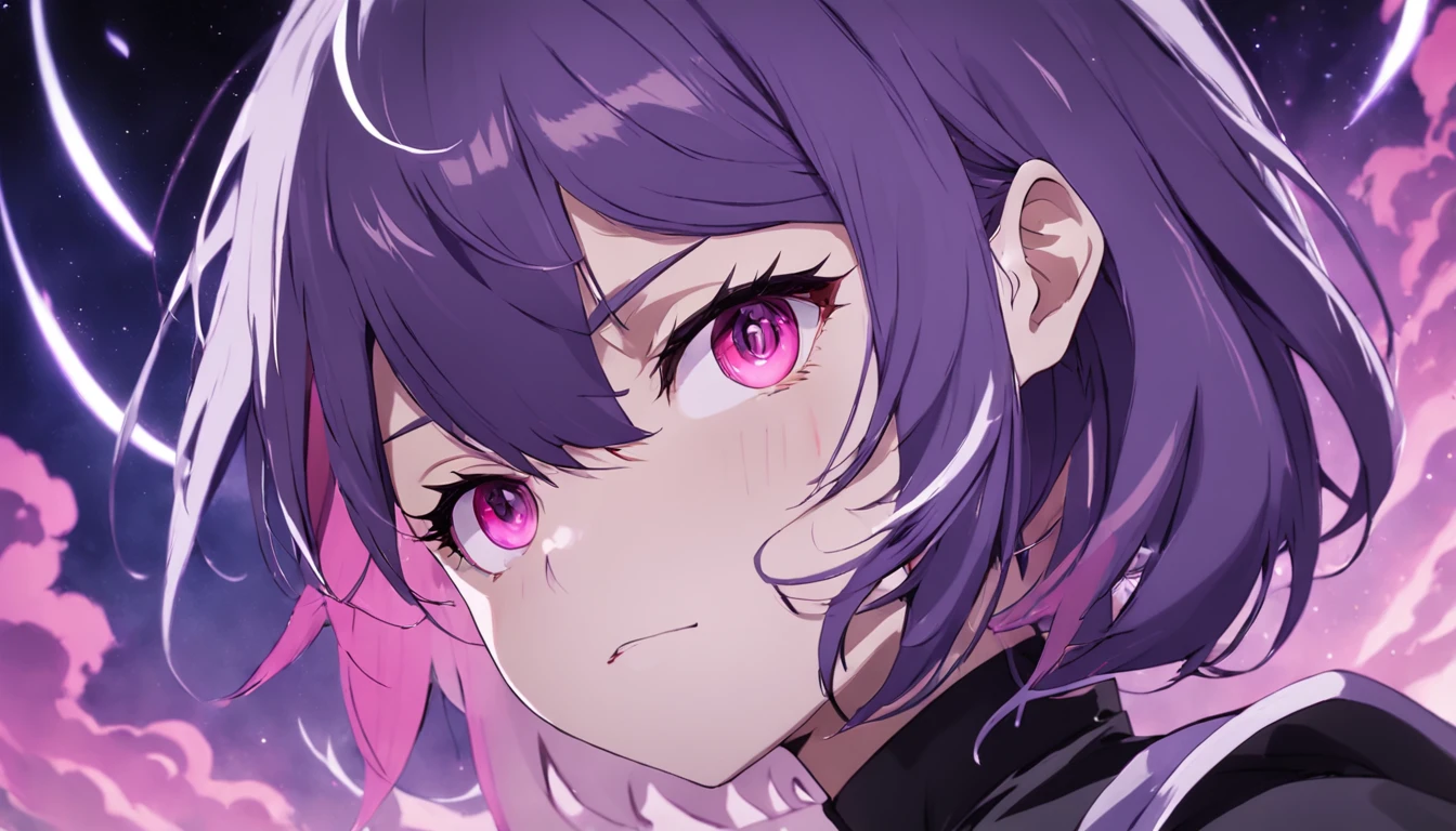 Vast landscape photos、Anime character with purple hair and black mask with purple and black background, discord profile picture, profile picture 1024px, art cover, ((Hypersaturated)), by Kanbun Master, digital art from danganronpa, Tumbler, R - MK, Symmetrical Portrait RPG Avatar, official artwork hdr, fvckrender、dream-like、Magical、（独奏：1.2）