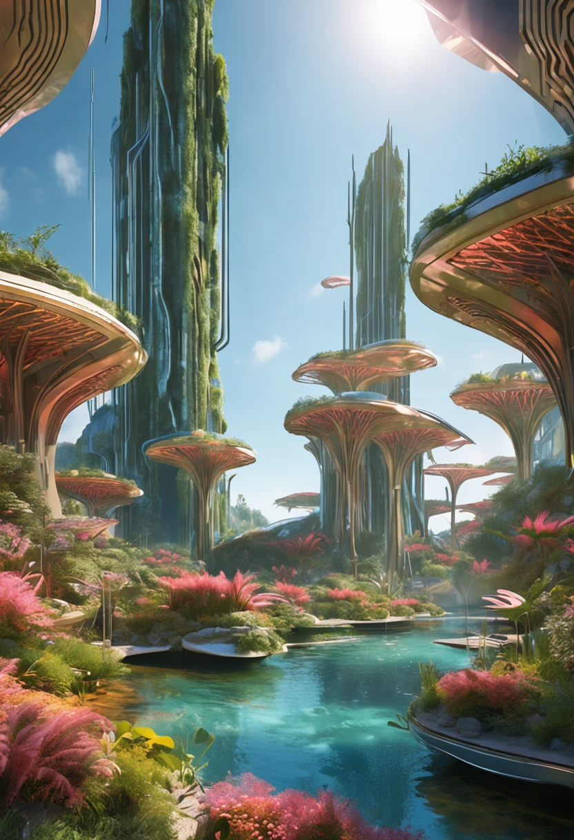 multicolor, surreal, masterpiece, countryside, Futuristic design of an awesome sunny day environment concept art on a futuristic forest terrain with huge waterfalls, streams, orchids, landscaped, aesthetics, nature architecture, proportional, detailed, blueprint, bright clouds, nature meets futuristic architecture by Santiago Calatrava and Vincent Callebaut with Wes Anderson village, residential area, futuristic development, high rise made up staircases, balconies, full of composite glass facades, residential spaces carved from cliff side ,trending on artstation, beautiful lighting,In the style of Andreas Achenbach and Norman Ackroyd masterpiece, fantasy, intricate, award winning, 4k, highest quality