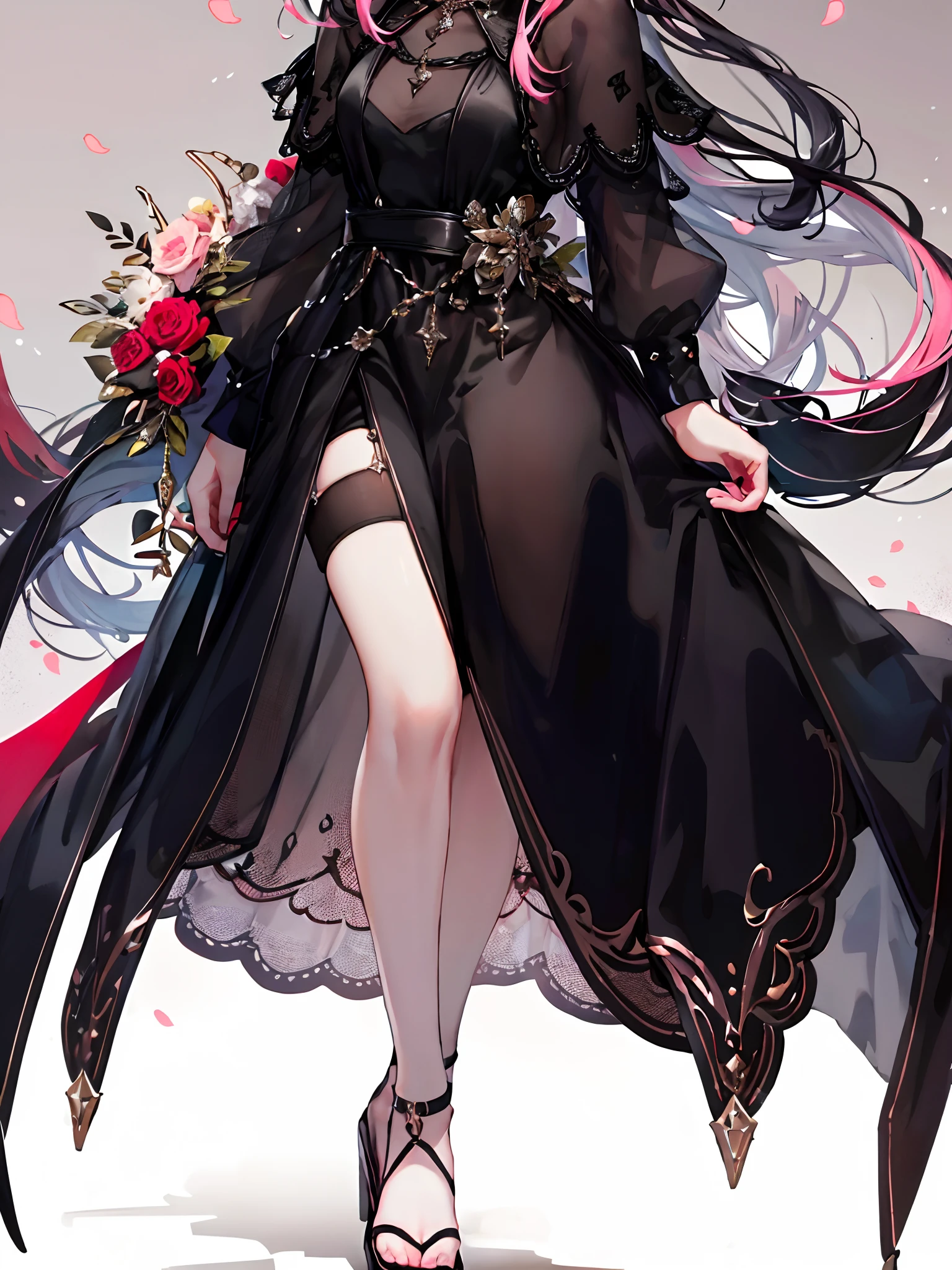 (complete face：2.0)，meticulous portrayal of face，1 noblewoman，a matural female，Black dress long dress，(Black stockings beautiful legs+)，heeled sandals，Black stocking feet，Pink White Long Hair，Prom background， Perfect body， s the perfect face， perfect hand， Perfect Finger， Perfect lips， perfect  eyes， Perfect background