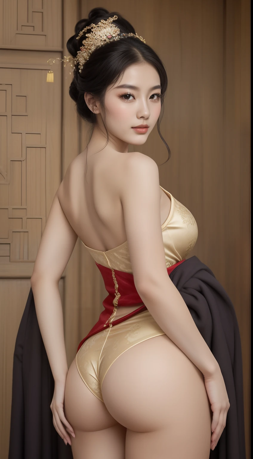A beautiful girl in ancient China,The facial features are delicate and fair,Cool temperament,Black hair coiled into a bun,Wears a gold coat on his head,Chinese Song Dynasty clothing,Big red wedding dress(Ultrathin),underwear is visible,thighs visible,Long legs,Long black hair, rays of sunshine,Clear face,Thick legs,Wide buttocks,Colossal tits,Natural styling,Reallightandshadow,Large viewing angle,ultraclear,tmasterpiece,ultra - detailed,high qulity,HighestQuali,The main color is red,Background simple elements。Invisible hands,No hands。