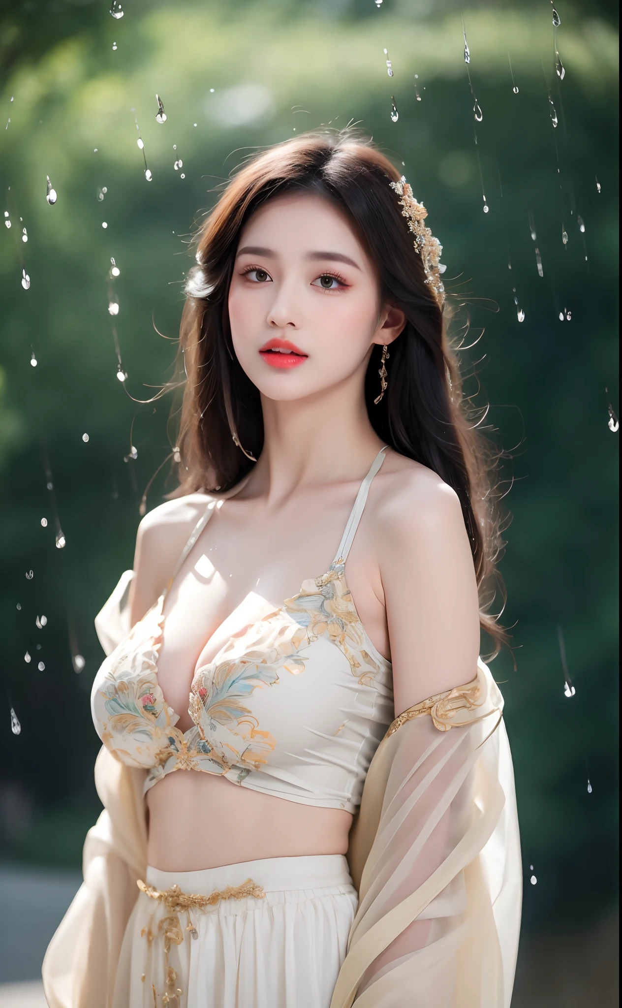 ((Best Quality, 8k, Masterpiece: 1.3)), Focus: 1.2, Perfect Body Beauty: 1.4, Buttocks: 1.2, ((Layered Haircut)), (Wet Clothes: 1.1), (Rain, Street:1.3), (Breasts: 1.2), (Hanfu: 1.2), Bare Shoulders, Bare Legs, Highly Detailed Face and Skin Texture, Fine Eyes, Double Eyelids, Whitened Skin, Long Hair, (Shut Up: 1.5), (Bokeh Background: 1.5), Big Breasts