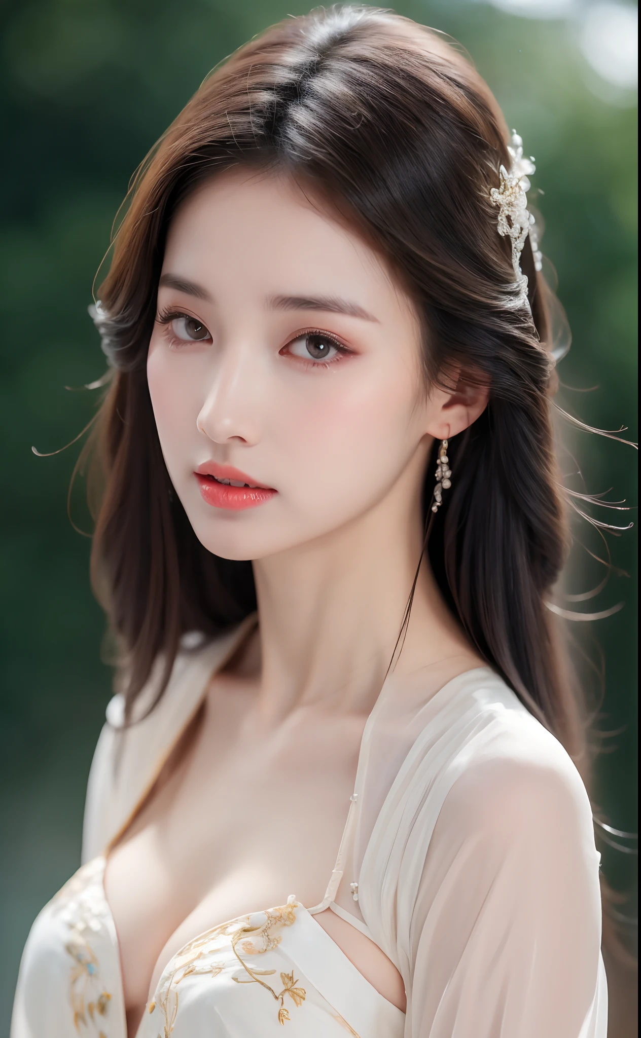 ((Best Quality, 8k, Masterpiece: 1.3)), Focus: 1.2, Perfect Body Beauty: 1.4, Buttocks: 1.2, ((Layered Haircut)), (Wet Clothes: 1.1), (Rain, Street:1.3), (Breasts: 1.2), (Hanfu: 1.2), Bare Shoulders, Bare Legs, Highly Detailed Face and Skin Texture, Fine Eyes, Double Eyelids, Whitened Skin, Long Hair, (Shut Up: 1.5), (Bokeh Background: 1.5), Big Breasts