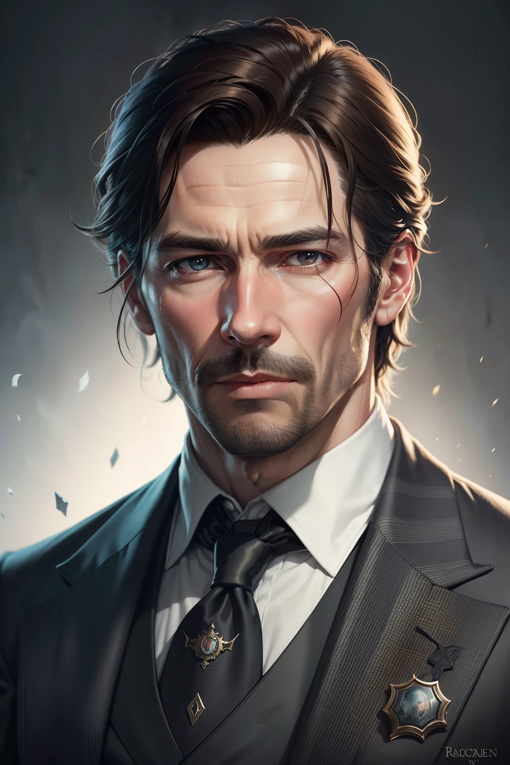 A close-up of a man in an old suit, Portrait art by Rick Sanchez,portrait of sherlock holmes, in style of digital illustration, drawn in the style of mark arian, portrait of john wick, Man with brown hair, digitally colored, Rick Sanchez, detailed color portrait