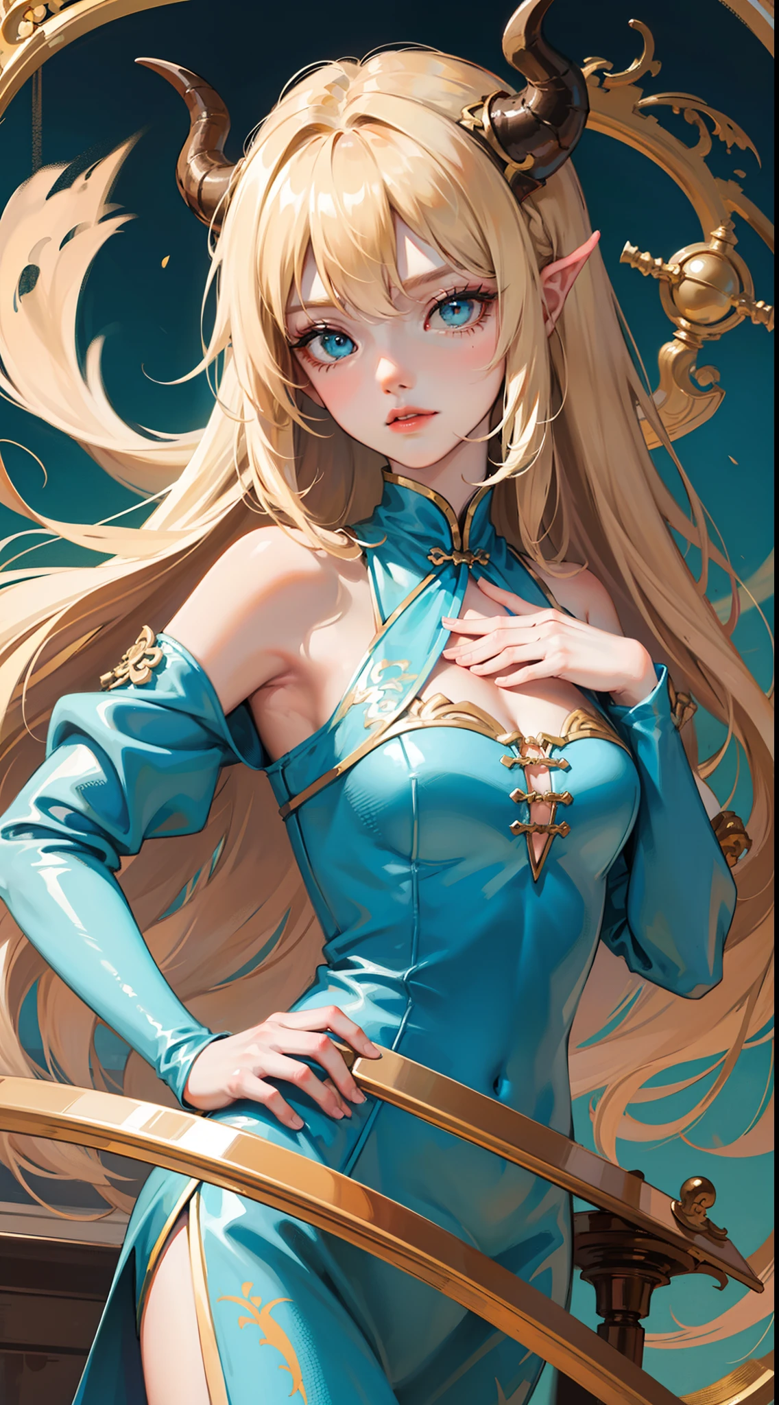 young girl, longue blonde hair, dragon horns, Cyan eyes, tight blue chinese dress, neckline on the chest, grudge, little chest, Masterpiece, hiquality