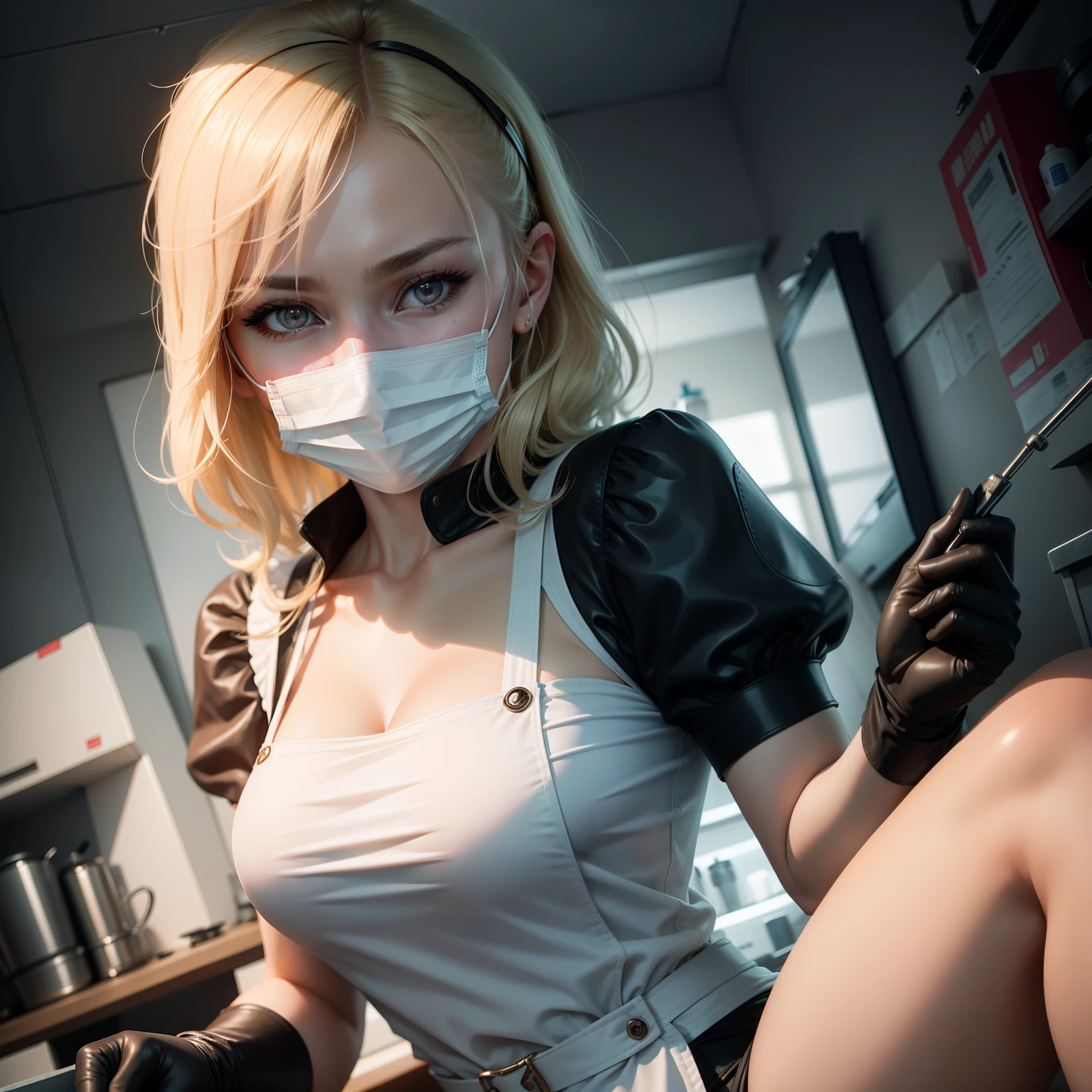 Russian woman、20yr old、Cool gaze、Human skin feel、Realistic Woman、a blond、Paper Apron、Dental Hygienist、dentistry、dentist、Solo Shot、short-cut、surgical mask、masks、gloves、rubber glove、
