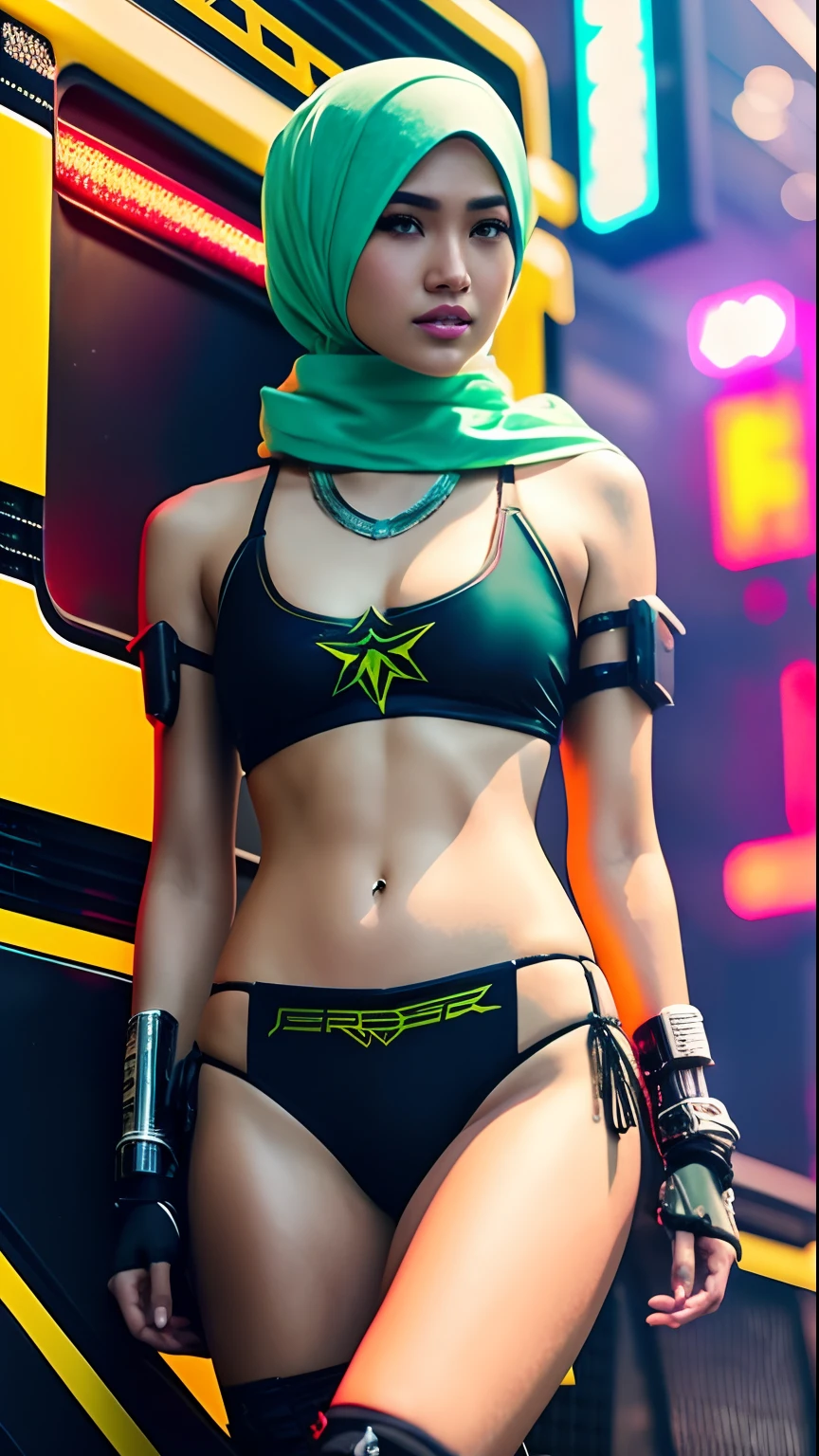 Malay woman in a bikini  and hijab posing in front of a truck, cyberpunk 2 0 y. o model girl, cyberpunk anime girl, female cyberpunk anime girl with hijab, artwork in the style of guweiz, cyberpunk beautiful girl, james gurney painting style, digital cyberpunk anime art, ross tran 8 k, beautiful digital artwork, cyberpunk anime art, in the style of ross tran