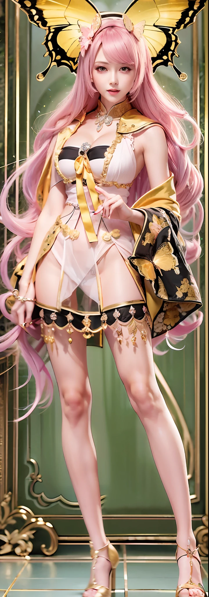 model poses，Pink haired beauty，Long hair shawl，Lower ponytail，Charming eyes，The skin is delicate，Bigchest，Yellow Uniform，Black stockings are depicted in great detail，Golden butterfly ornaments are elaborately depicted on the long legs，Ultra HD close-up，high-heels，softlighting，the street