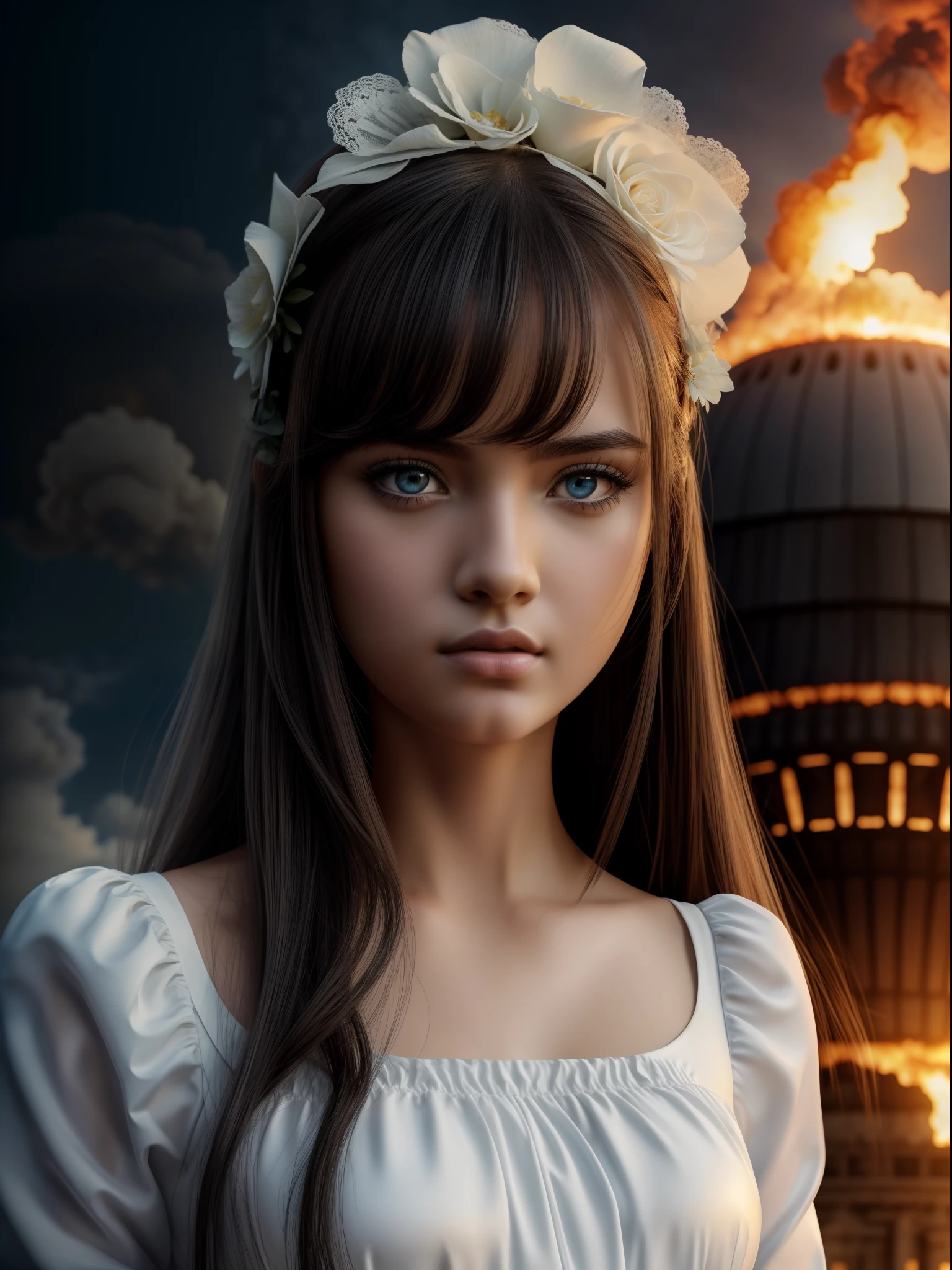 masterpiece,best quality, illustration,{beautiful detailed girl},beautiful detailed glow,(flames of war:1.2),(nuclear explosion behide:1.3),rain,detailed lighting,detailed water,(beautiful detailed eyes:1.1),expressionless,palace,azure hair,disheveled hair,long bangs,hairs between eyes,(whitegrey dress:1.1),black ribbon,white bowties,midriff,big forhead,blank stare,flower,long sleeves
