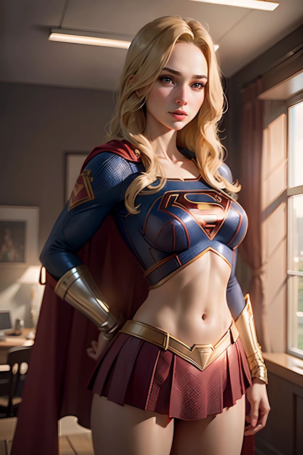 Gal Gadot, long blonde hair, 18 years old, large breasts, wearing (Supergirl Suit), highly detailed, Artstation, smooth, sharp focus, 8K, (underboob)