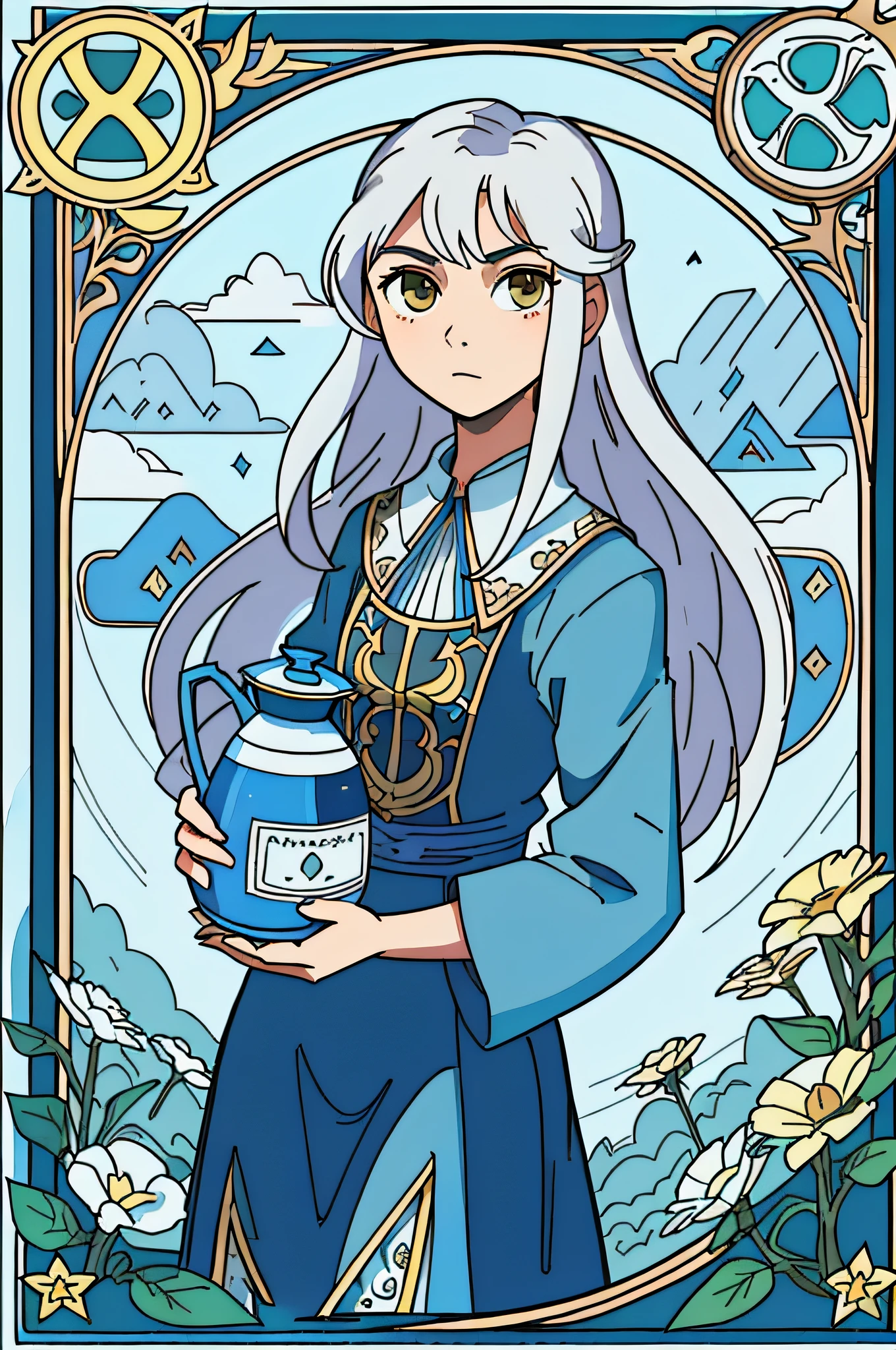 tarot cards,Full tarot border,(best images quality),(The image is surrounded by a tarot card-style border:1.5),(8k wallpaper),(best images quality),(Extremely detailed description),tarot card art,tarot card art, tarot design, beuaty girl,The most beautiful girl in the world,gardener,,blue-sky,Bokeh background,gardening(Hold a sprinkler jug;2),quadratic element,(hoang lap,A high resolution,hyper-detailing),Visual storytelling,capturing moments,historical records,social commentary,Powerful images,mosaic art,Small,Colorful inlays,Intricate patterns,Tile design,Durable surface,Time-honored technology,A girl holds a sprinkler jug and is about to water a flower,Flat coating,a warm color palette,long white hair,Beautiful female,idyllic,
