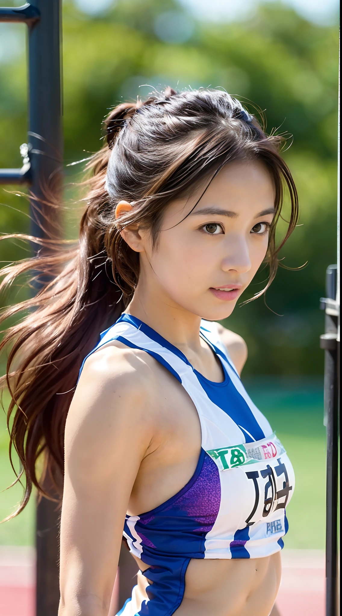 (masutepiece:1.3), (8K, Photorealistic, Raw photography, Best Quality: 1.4), japanse, Beautiful face, (Lifelike face), (Farbe々Hairstyle:1.3), Realistic eyes, Beautiful eyes, (realskin), Beautiful skin, Ultra high definition, Hyper-realistic, hight resolution, Beautiful Japan Woman、(Land Track、track and field:1.5)、(from the rear:1.4)、(Dig into the buttocks:1.2)、Shy face、(athletic field)
