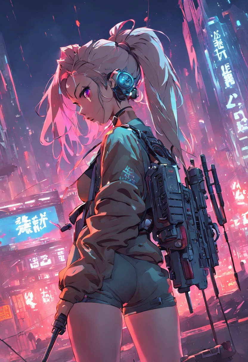Girl, high ponytail, goggles, tights, cyberpunk, hand-held machine gun, a mechanical dog, skyscraper, neon, apocalypse, realism, 3D