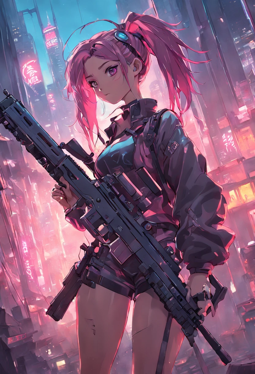 Girl, high ponytail, goggles, tights, cyberpunk, hand-held machine gun, a mechanical dog, skyscraper, neon, apocalypse, realism, 3D