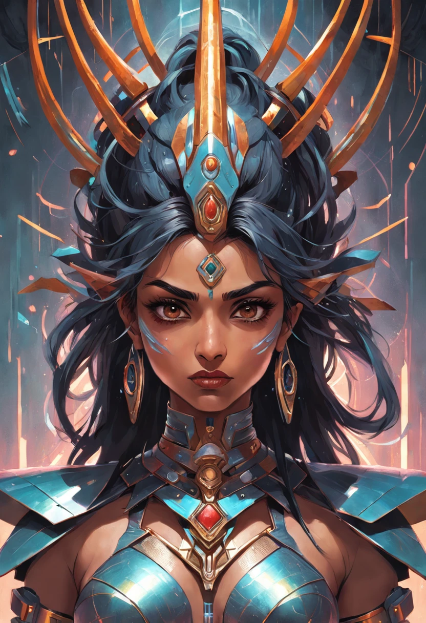 futuristic indigenous futurism,actress priyanka chopra as An advanced cybernetic cyborg indian Hindu goddesses of war, sensuality,artistic details,cyberpunk hindu mythology,epic sci-fi fantasy, centered,in the style of Nick Alm fantastical futuristic fantasy compositions, dark prism, dark, metallic compositions, symmetrical arrangements, iridescent metallic colors , distinctive noses, ethereal,blood splatter colorful, eye-catching metallic compositions, symmetrical geometry, distinctive noses, gothic references, with a bold lines and streaks of black,white,red, gold and silver, fantasy sci-fi art, a detailed painting, ,Alex Alemany merge Karol Bak