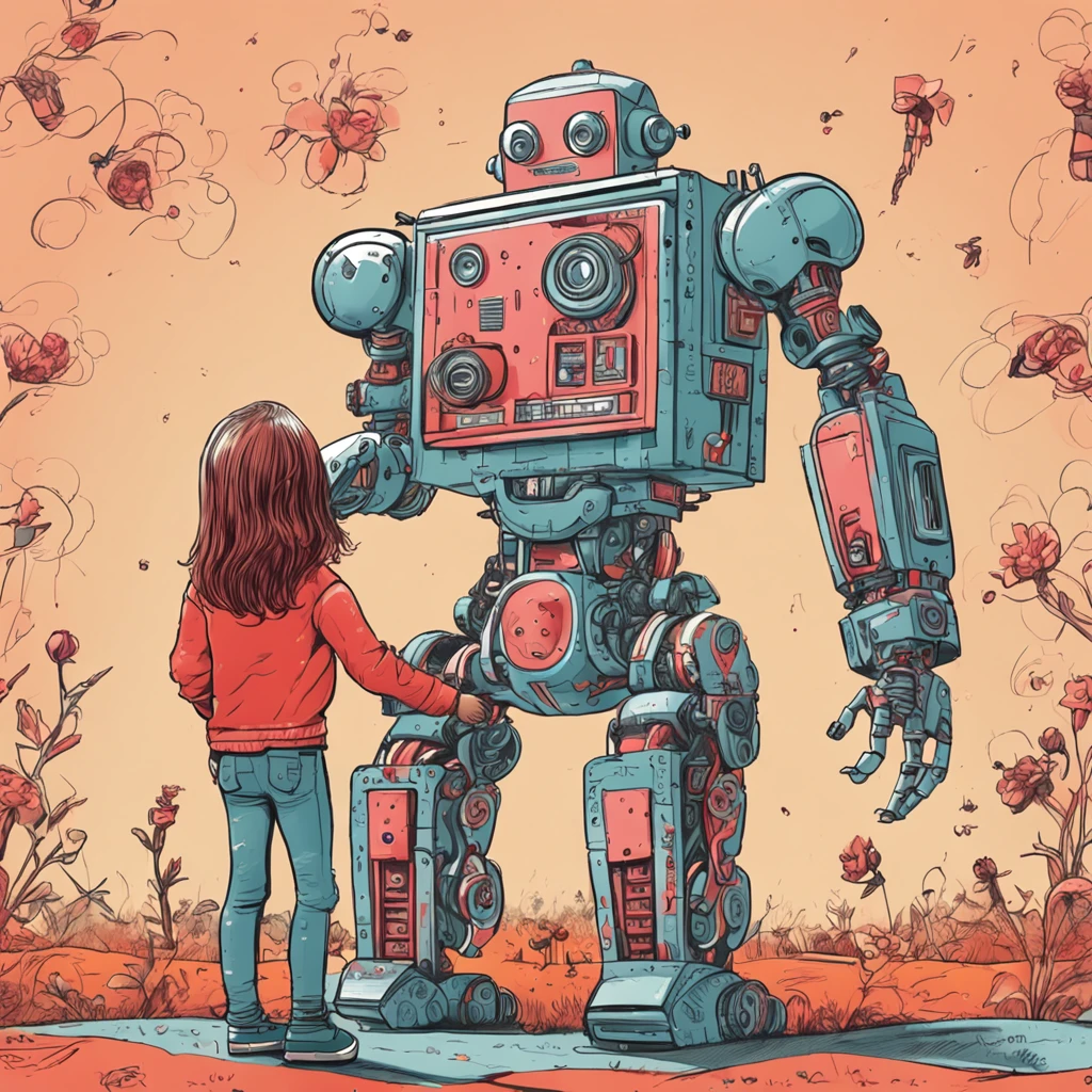 Red robot away from the scene, atacando com um golpe flamejante, ( girl, rear image, 5 years ing robots hand ) huge robot looking at little girl. touching image, strong but delicate. Caring.  Robot adorned with flowers by girl.  Tea party with Robot freind, endearing image of unlikely friendship.