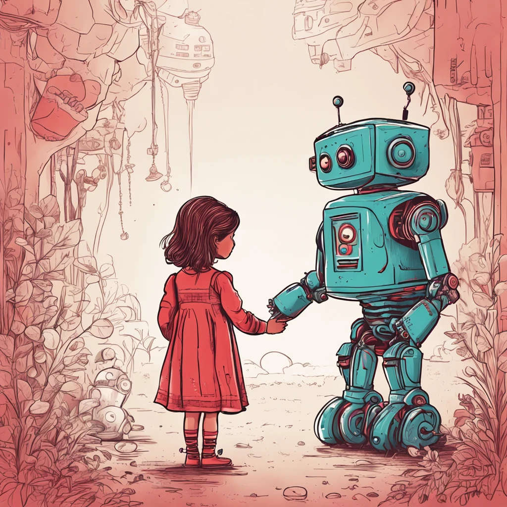 Red robot away from the scene, atacando com um golpe flamejante, (little girl, rear image, 5 years old, holding robots hand ) huge robot looking at little girl. touching image, strong but delicate. Caring.  Robot adorned with flowers by girl.  Tea party with Robot freind, endearing image of unlikely friendship.