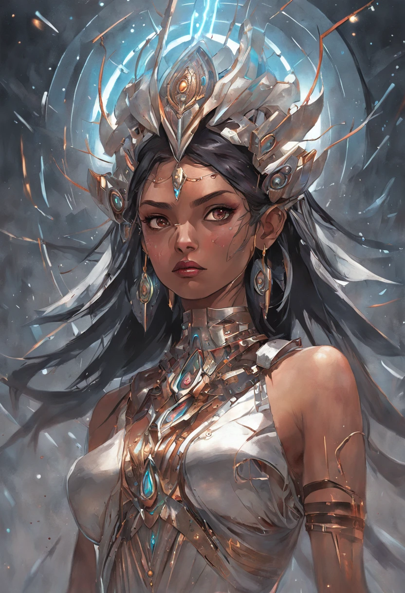futuristic indigenous futurism,actress priyanka chopra as An advanced cybernetic cyborg indian Hindu goddesses of war, sensuality,artistic details,cyberpunk hindu mythology,epic sci-fi fantasy, centered,in the style of Nick Alm fantastical futuristic fantasy compositions, dark prism, dark, metallic compositions, symmetrical arrangements, iridescent metallic colors , distinctive noses, ethereal,blood splatter colorful, eye-catching metallic compositions, symmetrical geometry, distinctive noses, gothic references, with a bold lines and streaks of black,white,red, gold and silver, fantasy sci-fi art, a detailed painting, ,Alex Alemany merge Karol Bak