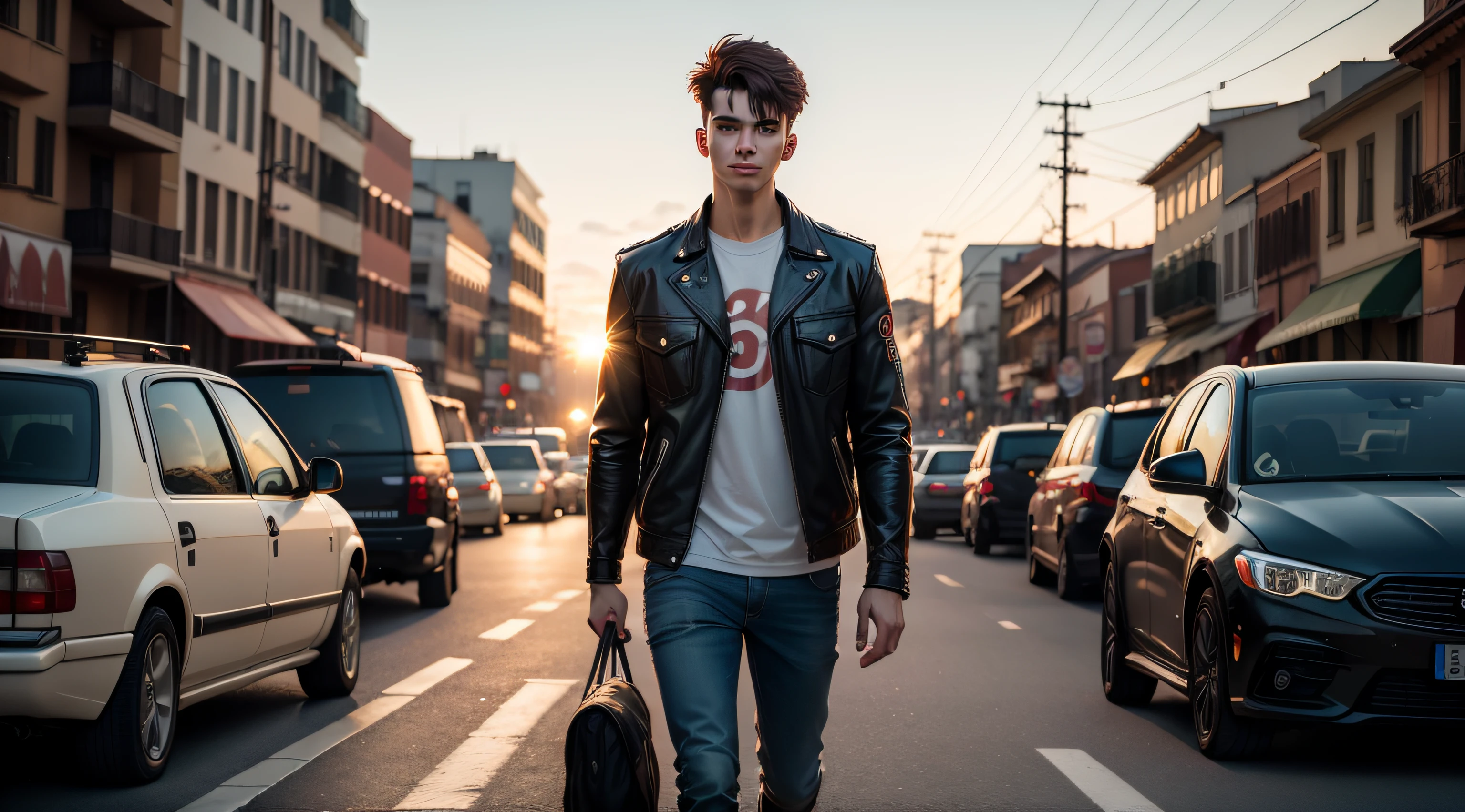 medium shot of young man walking on a very busy street with lots of people, cars and motorbikes at sunset;, 8k, Hiper realista, alta resolução, alto detalhe