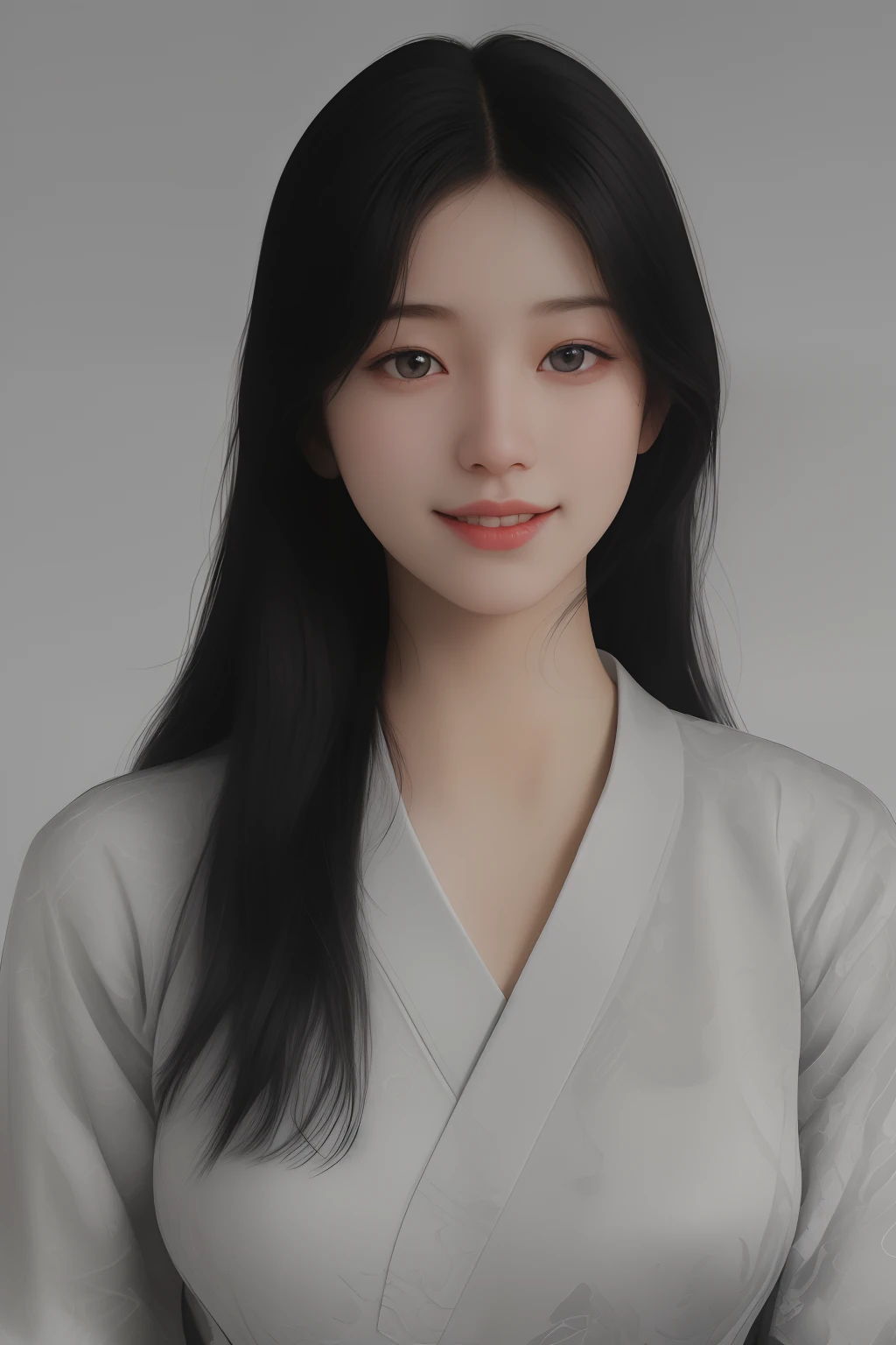 Best quality, masterpiece, ultra high res, (photorealistic:1.4), raw photo, studio photo of smiling cute Japanese high school girl, long black hair, photometric lighting, symmetric light, 8k,ng_deepnegative_v1_75t, badhandv4, (worst quality:2), (low quality:2), (normal quality:2), lowres, ((monochrome)), ((grayscale)), watermark, nsfw