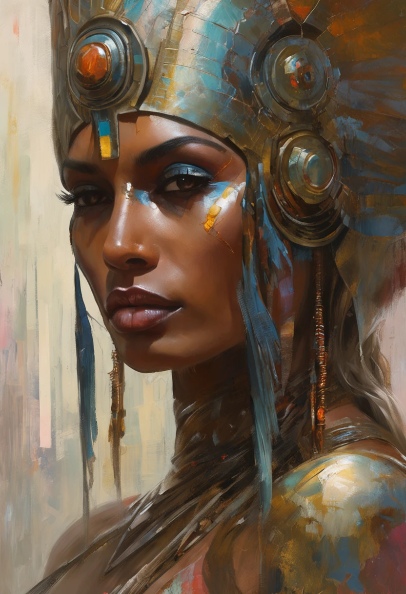 futuristic indigenous futurism,actress priyanka chopra as An advanced cybernetic cyborg indian Hindu goddesses of war, sensuality,artistic details,cyberpunk hindu mythology,epic sci-fi fantasy, centered,in the style of Nick Alm fantastical futuristic fantasy compositions, dark prism, dark, metallic compositions, symmetrical arrangements, iridescent metallic colors , distinctive noses, ethereal,blood splatter colorful, eye-catching metallic compositions, symmetrical geometry, distinctive noses, gothic references, with a bold lines and streaks of black,white,red, gold and silver, fantasy sci-fi art, a detailed painting, ,Alex Alemany merge Karol Bak