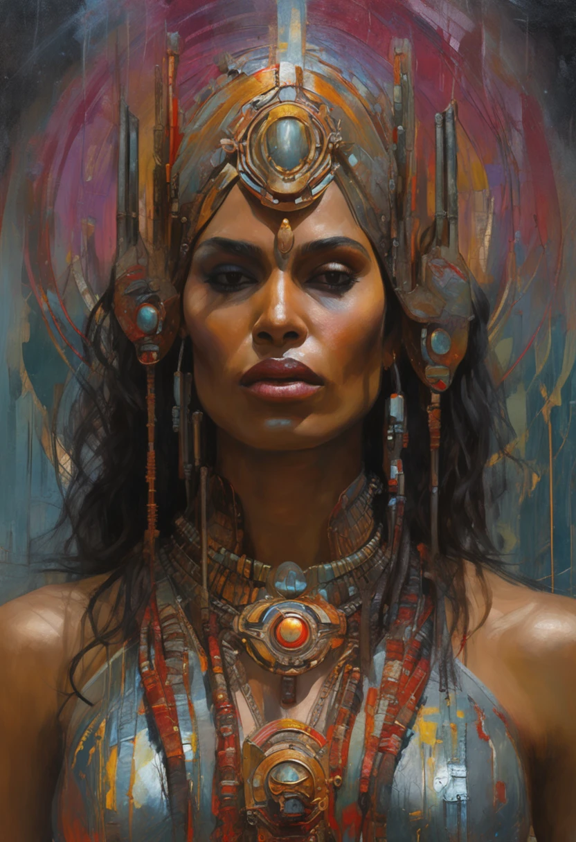 futuristic indigenous futurism,actress priyanka chopra as An advanced cybernetic cyborg indian Hindu goddesses of war, sensuality,artistic details,cyberpunk hindu mythology,epic sci-fi fantasy, centered,in the style of Nick Alm fantastical futuristic fantasy compositions, dark prism, dark, metallic compositions, symmetrical arrangements, iridescent metallic colors , distinctive noses, ethereal,blood splatter colorful, eye-catching metallic compositions, symmetrical geometry, distinctive noses, gothic references, with a bold lines and streaks of black,white,red, gold and silver, fantasy sci-fi art, a detailed painting, ,Alex Alemany merge Karol Bak