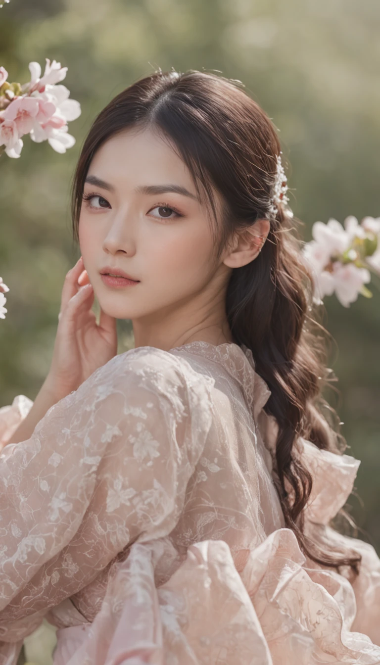 teens girl,Floral dress,Side view,outside,with blue sky and white clouds,photorealestic,extremely happy,Bouquet in hand,high-definition picture quality,summer flowers,morningglow,Works of masters,Master of photography,8k wallpaper,depth of fields,32K(tmasterpiece,k hd,hyper HD,32K)Long flowing black hair,ponds,zydink, a color, Xuzhou people (seductiv), (Transparent tulle), Mahjong gestures, looking at the ground, Maruko long hair, Floating hair, Carp pattern headdress, Chinese long-sleeved gold silk armor, (Abstract gouache splash:1.2), Pink petal background,Pink and white lotus flowers fly(realisticlying:1.4),Black color hair,Fallen leaves flutter,The background is pure, A high resolution, the detail, RAW photogr, Sharp Re, Nikon D850 Film Stock Photo by Jefferies Lee 4 Kodak Portra 400 Camera F1.6 shots, Rich colors, ultra-realistic vivid textures, Dramatic lighting, Unreal Engine Art Station Trend, cinestir 800,Long flowing black hair,Clear blue gauze clothes