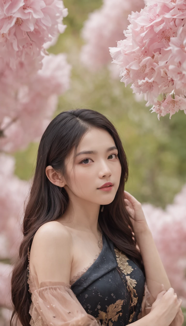 teens girl,Floral dress,Side view,outside,with blue sky and white clouds,photorealestic,extremely happy,Bouquet in hand,high-definition picture quality,summer flowers,morningglow,Works of masters,Master of photography,8k wallpaper,depth of fields,32K(tmasterpiece,k hd,hyper HD,32K)Long flowing black hair,ponds,zydink, a color, Xuzhou people (seductiv), (Transparent tulle), Mahjong gestures, looking at the ground, Maruko long hair, Floating hair, Carp pattern headdress, Chinese long-sleeved gold silk armor, (Abstract gouache splash:1.2), Pink petal background,Pink and white lotus flowers fly(realisticlying:1.4),Black color hair,Fallen leaves flutter,The background is pure, A high resolution, the detail, RAW photogr, Sharp Re, Nikon D850 Film Stock Photo by Jefferies Lee 4 Kodak Portra 400 Camera F1.6 shots, Rich colors, ultra-realistic vivid textures, Dramatic lighting, Unreal Engine Art Station Trend, cinestir 800,Long flowing black hair,Clear blue gauze clothes