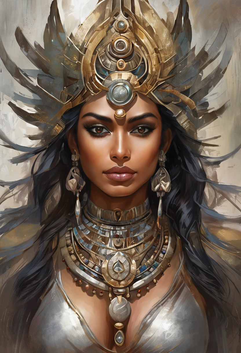 futuristic indigenous futurism,actress priyanka chopra as An advanced cybernetic cyborg indian Hindu goddesses of war, sensuality,artistic details,cyberpunk hindu mythology,epic sci-fi fantasy, centered,in the style of Nick Alm fantastical futuristic fantasy compositions, dark prism, dark, metallic compositions, symmetrical arrangements, iridescent metallic colors , distinctive noses, ethereal,blood splatter colorful, eye-catching metallic compositions, symmetrical geometry, distinctive noses, gothic references, with a bold lines and streaks of black,white,red, gold and silver, fantasy sci-fi art, a detailed painting, ,Alex Alemany merge Karol Bak