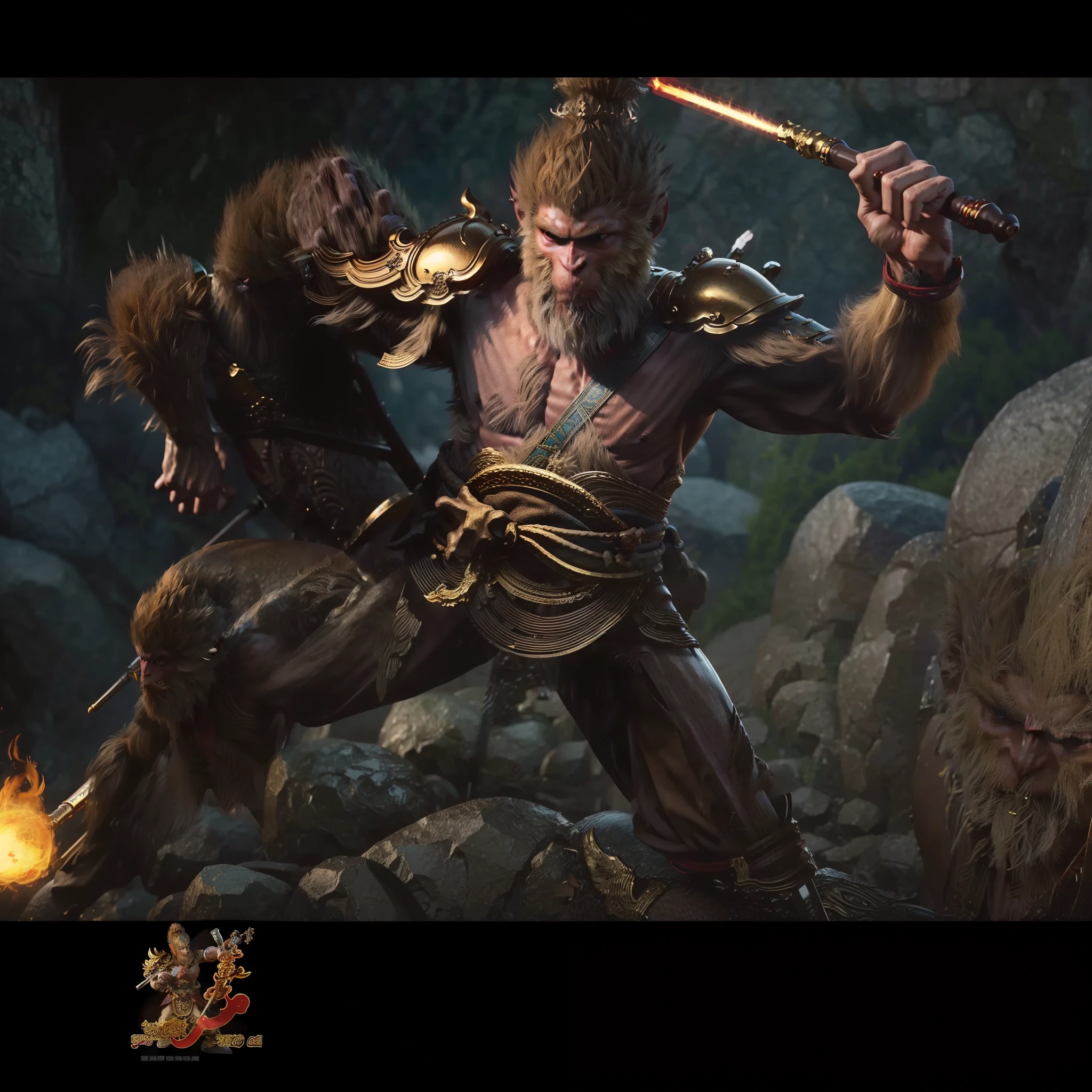Anthropomorphic male monkey man with golden hoop stick in his hand, bo staff, Sun Wukong, Wukong, fighting Buddha, normal hands, flame clouds under his feet, fire eyes golden eyes bright and brave, very beautiful anthropomorphic monkey, fighting stance, Guan Yu, inspired by Huang Shen, inspired by Hu Zaobin, legendary monkey god holding a spear, golden chinese style armor, battlefield background, burning fire aura,