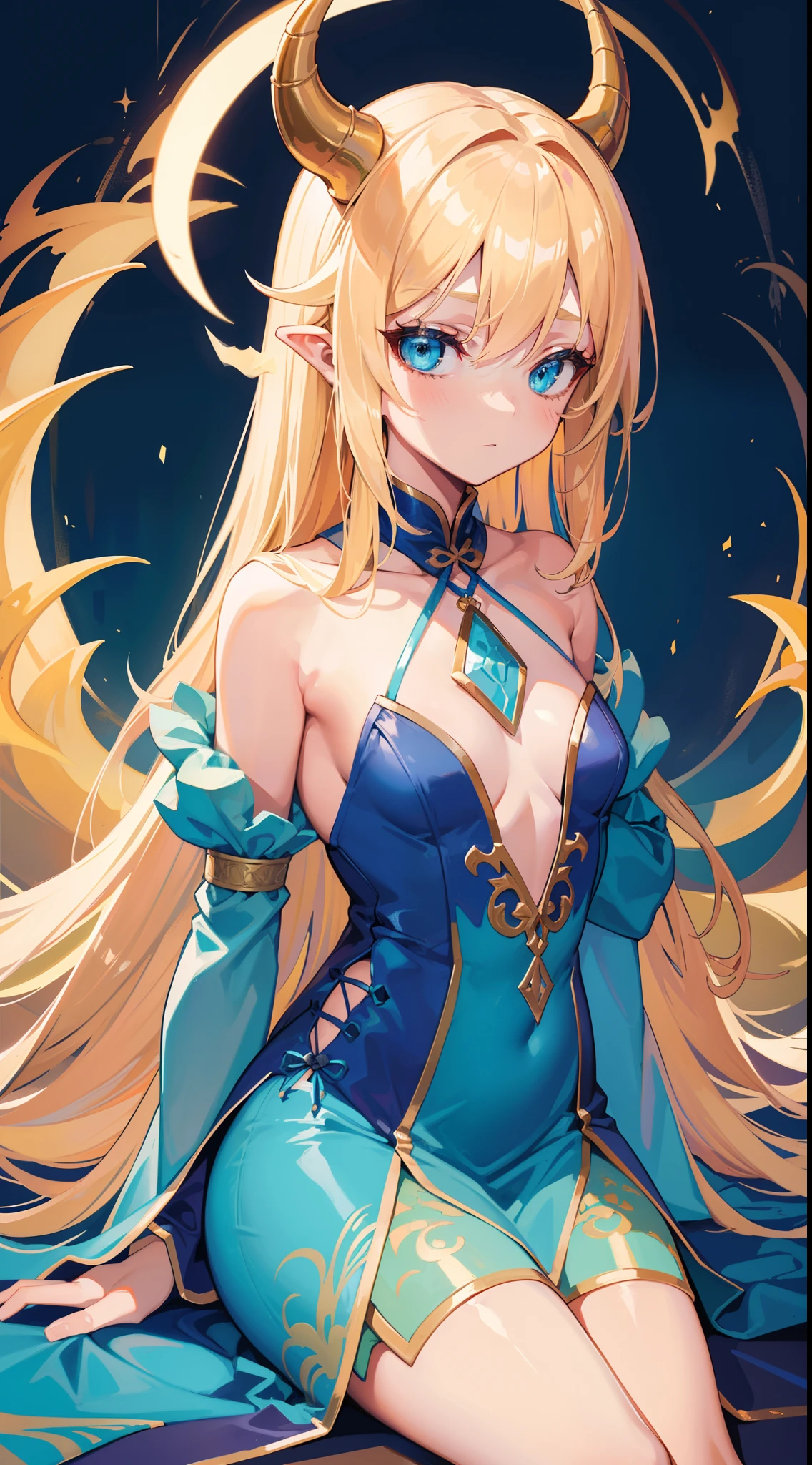 young girl, longue blonde hair, dragon horns, Cyan eyes, tight blue chinese dress, neckline on the chest, grudge, little chest, Masterpiece, hiquality