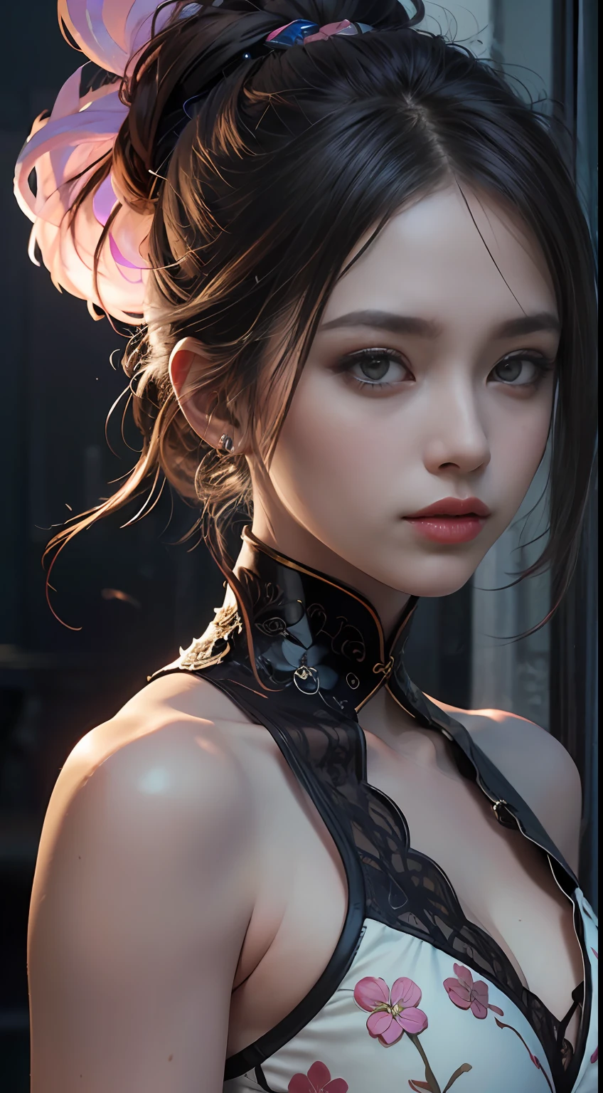 Asian, lo gothic, sin bragas, or bra, la mejor calidad, 8k hdr, cinematography lighting, de noche, esbelta, guapa, 14-year-old, cuerpo mojado por el agua.
