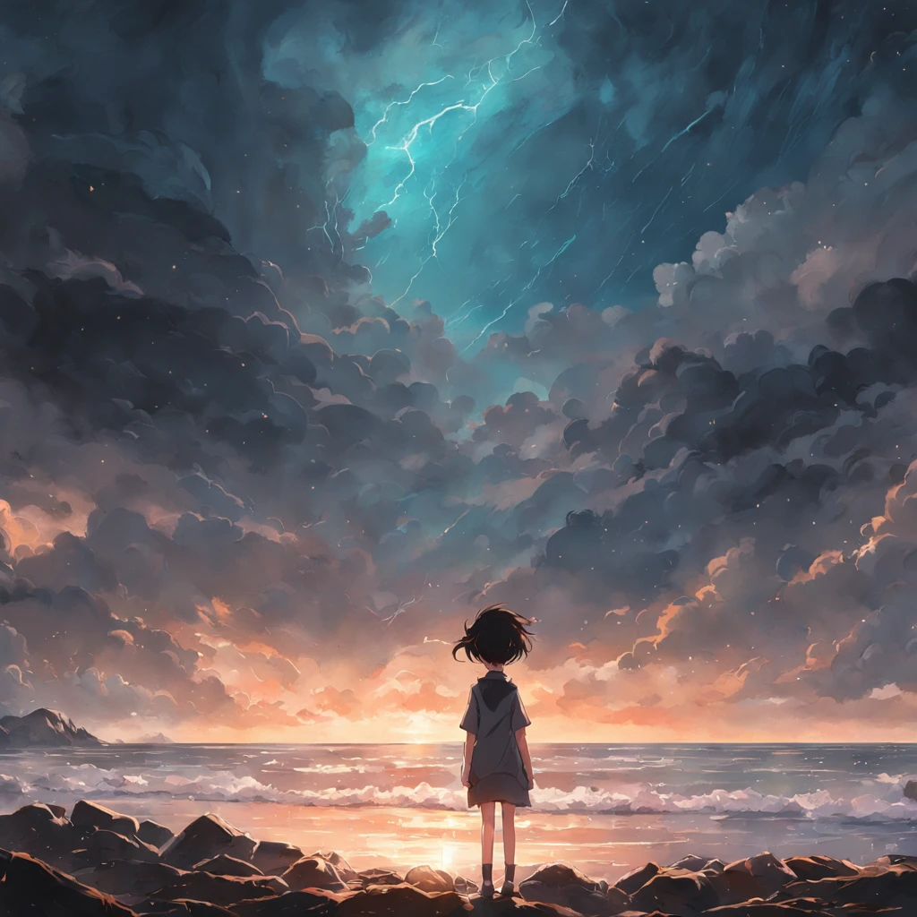 ((masterpiece, Best quality at best)), Coastal image of a looking at a cliff, overcast sky, Horror style, prophecy ::n_ アニメ, 插圖, low quality